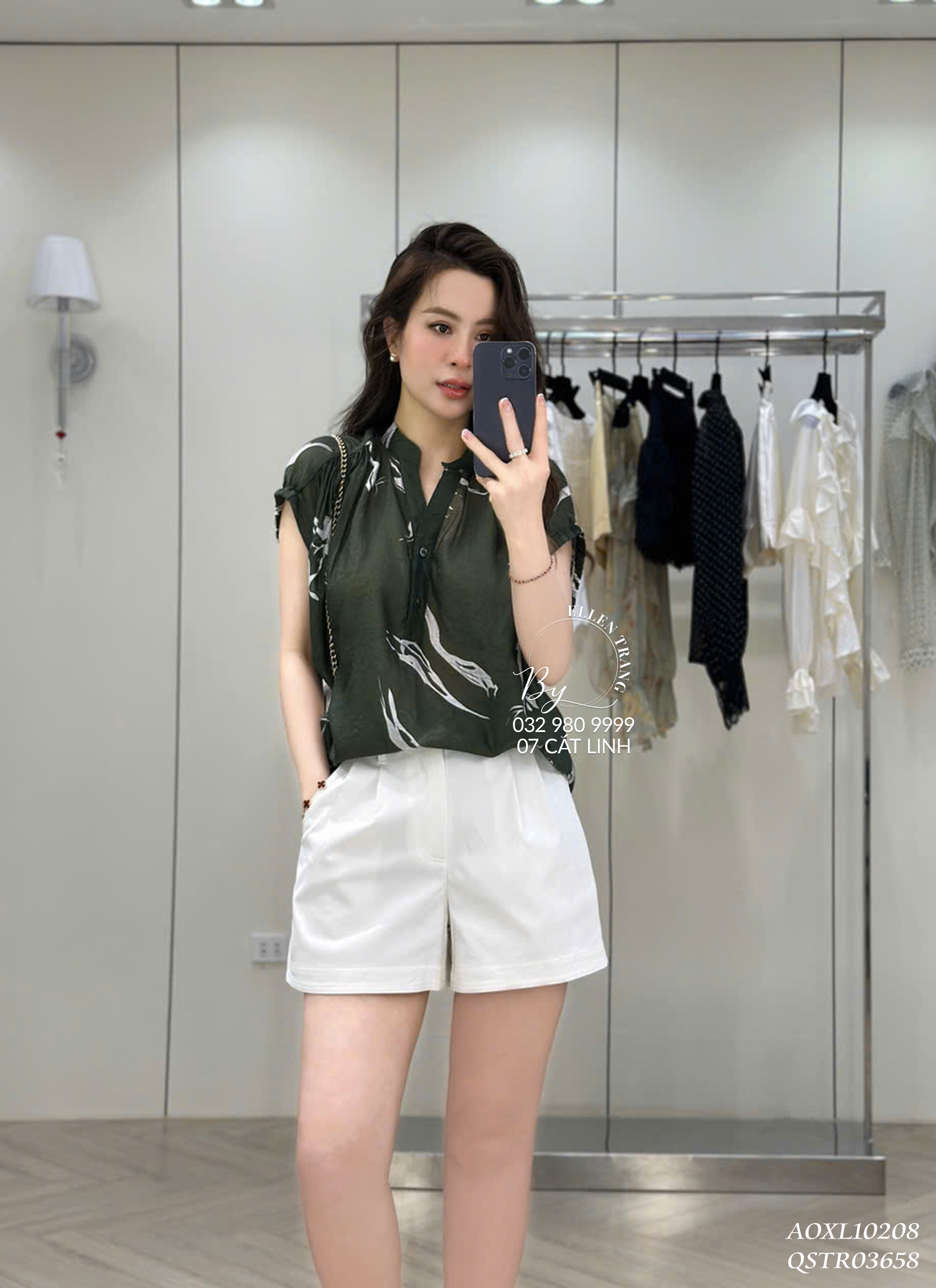 ÁO XANH LÁ HOẠ TIẾT TRẮNG