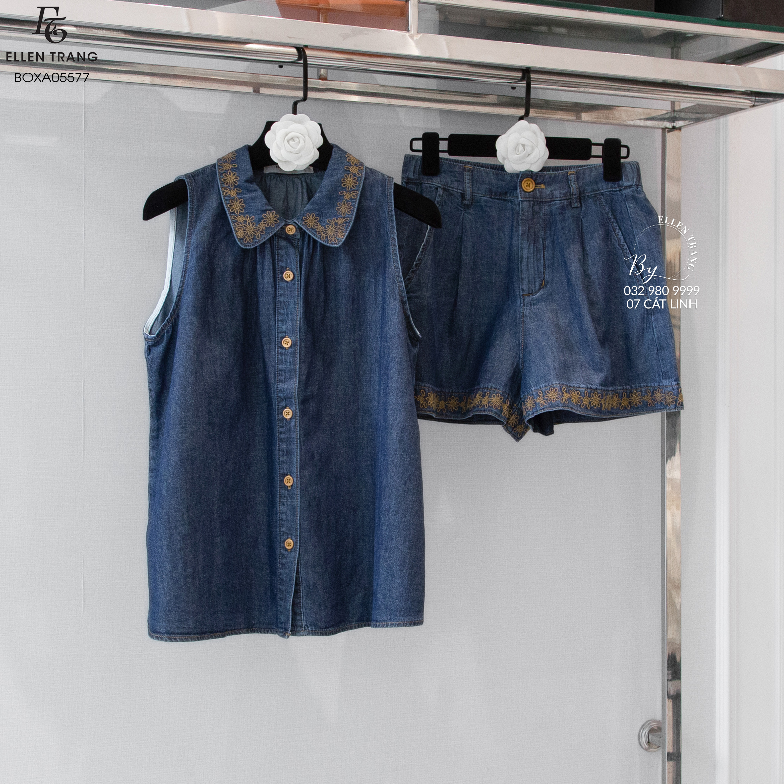 BỘ JEANS XANH THÊU HOA NÂU SEVEN SEVEN