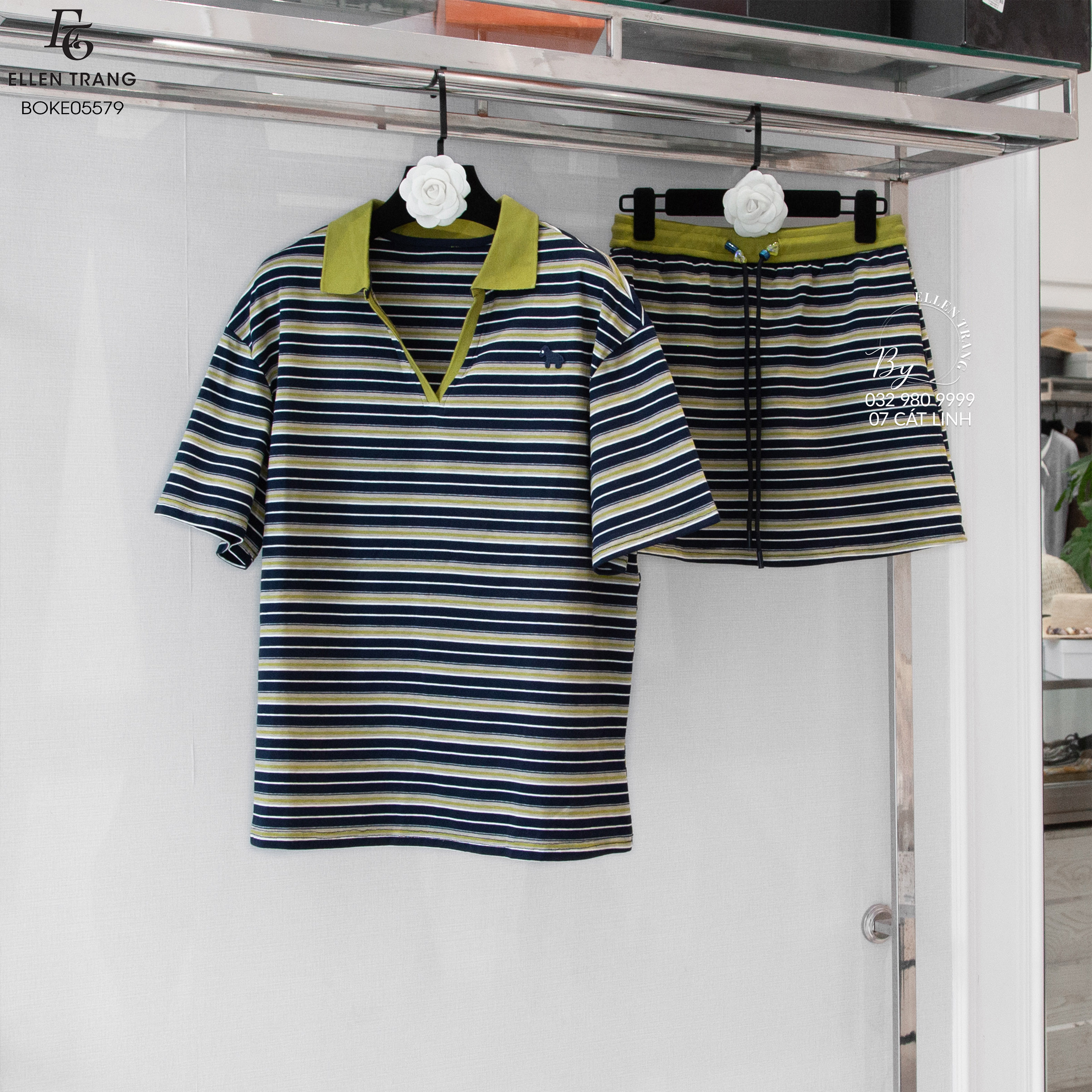 BỘ KẺ XANH TRẮNG ÁO POLO CỔ V + CHÂN VÁY DÂY RÚT
