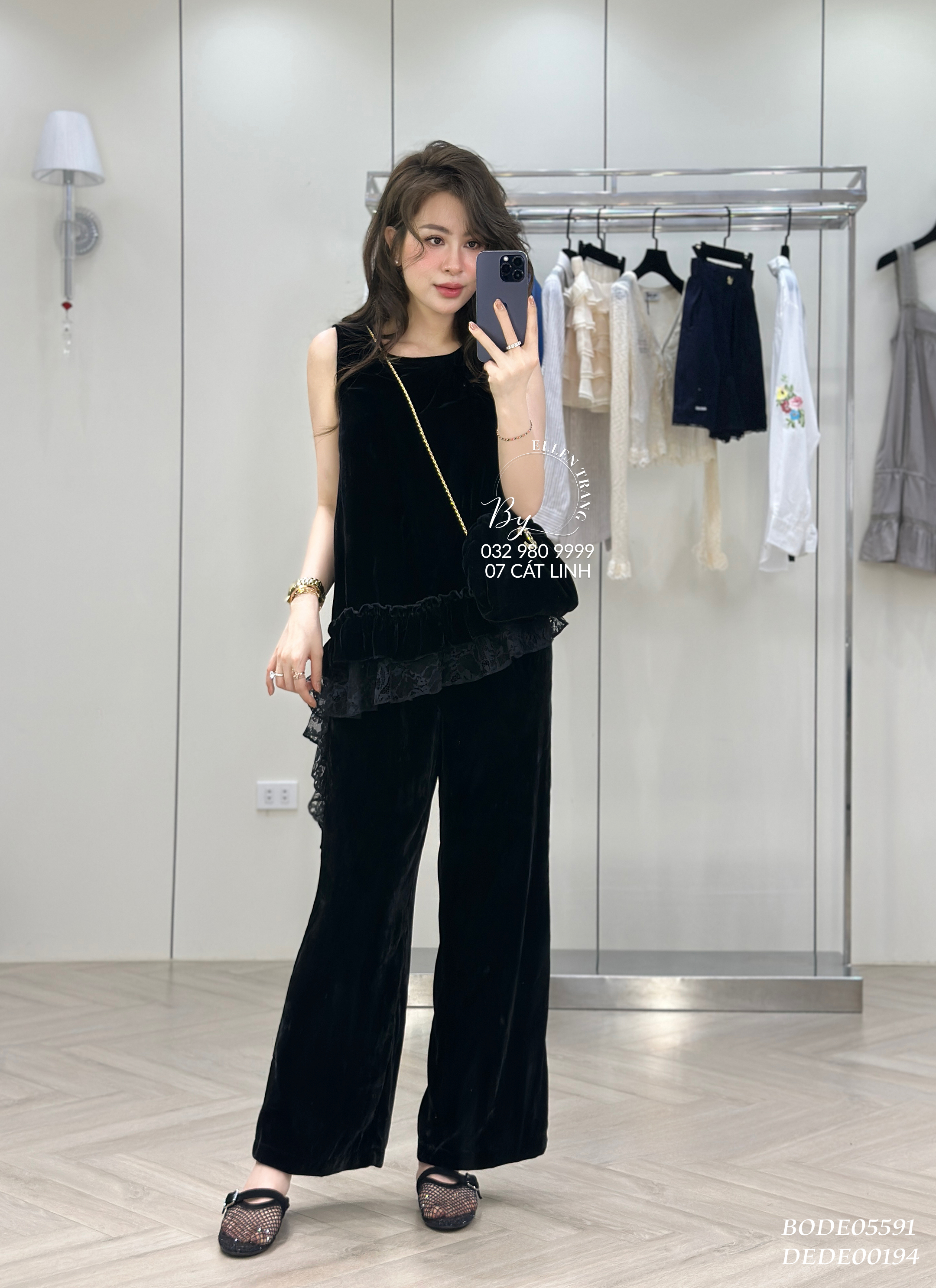 BỘ NHUNG ĐEN ÁO SÁT NÁCH GẤU VIỀN BÈO