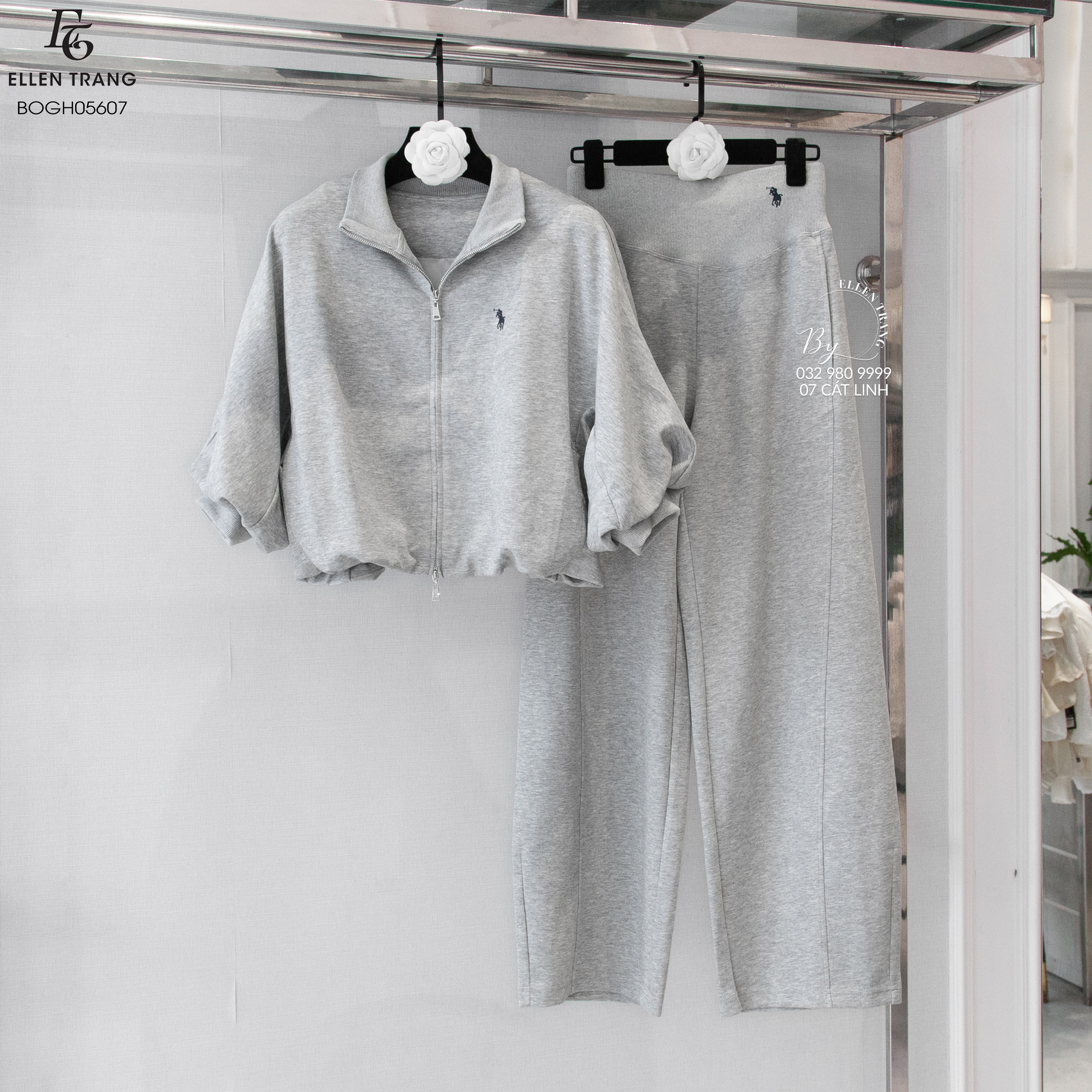 BỘ NỈ GHI TAY LỠ THÊU NGỰA XANH THAN