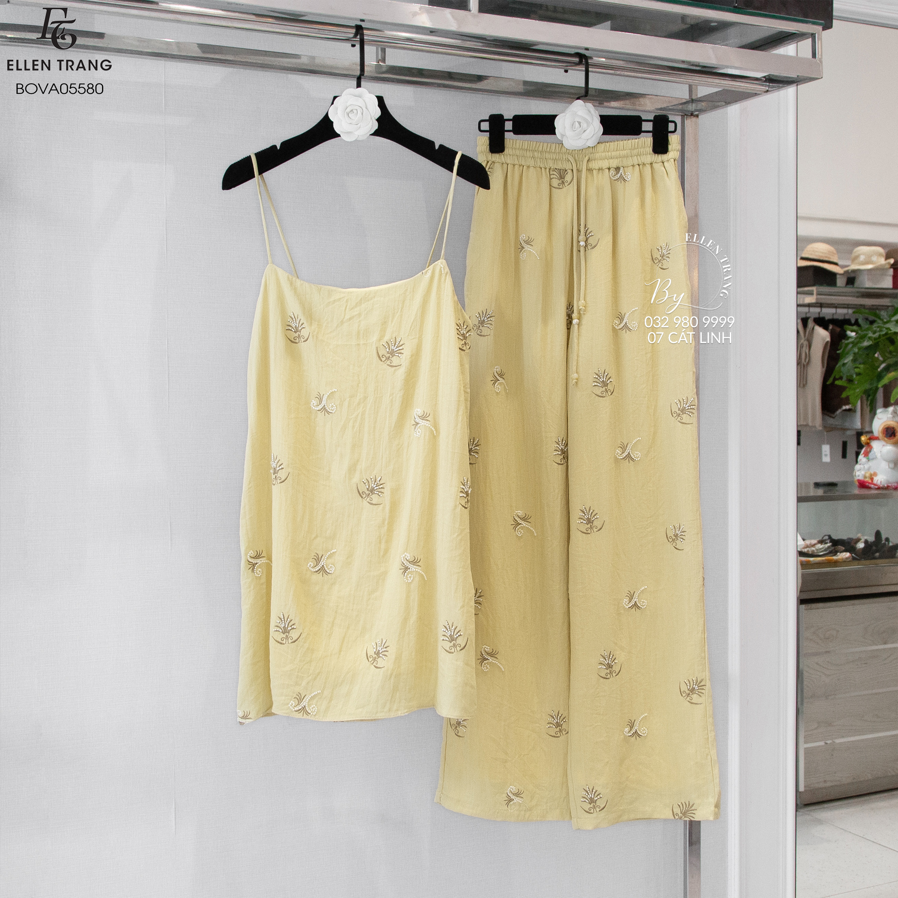 BỘ VÀNG ÁO 2 DÂY + QUẦN DÀI HOẠ TIẾU NÂU THÊU HẠT