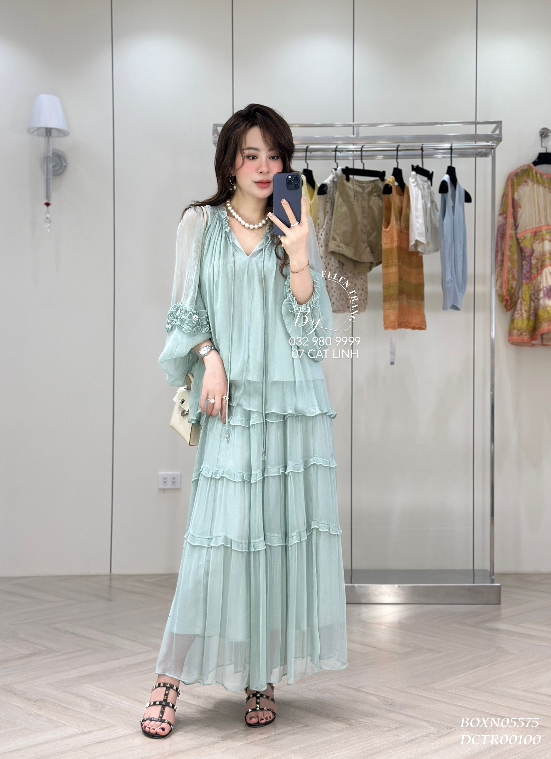 BỘ XANH NGỌC ÁO TAY DÀI REN BÈO + CHÂN VÁY DÀI