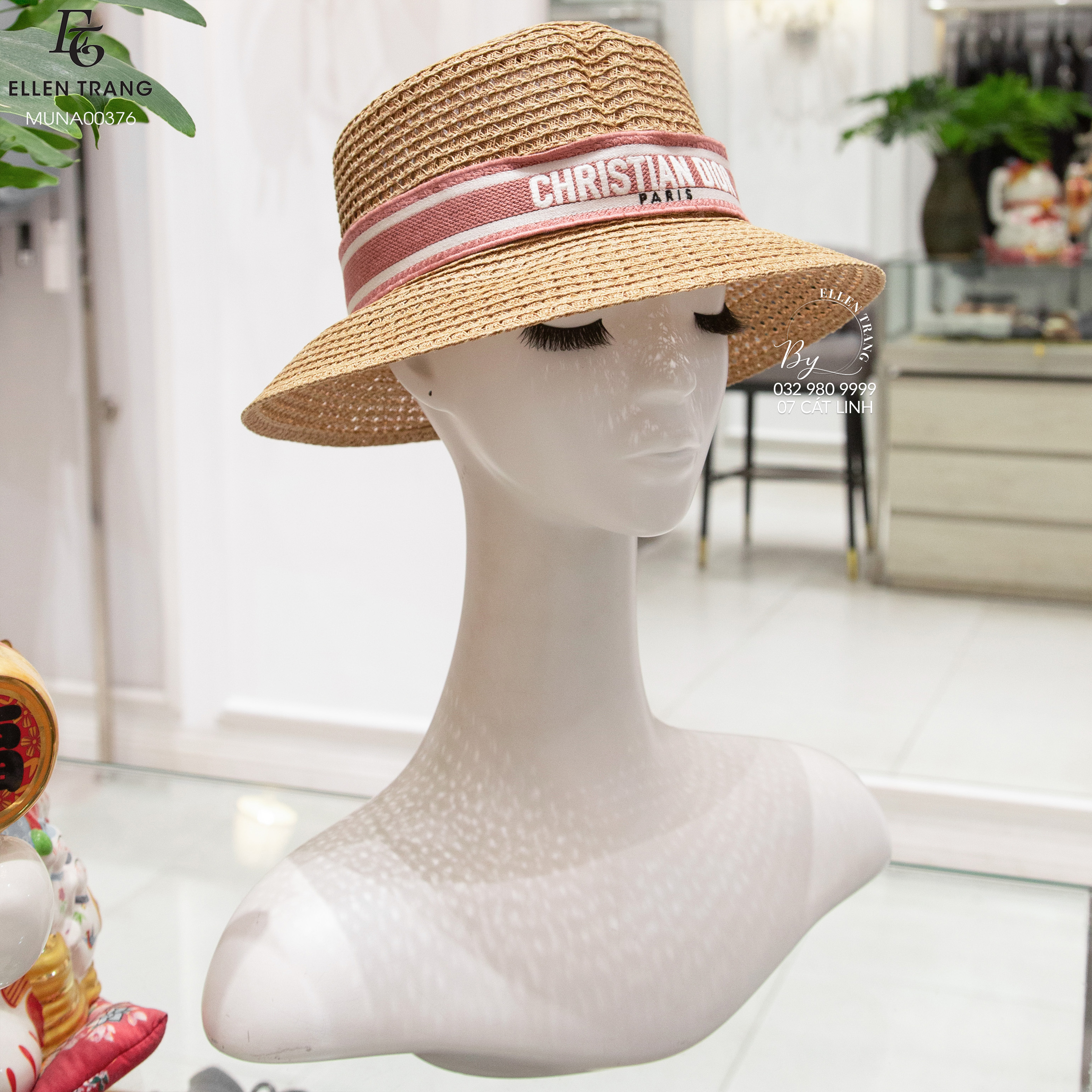 MŨ NÂU VIỀN VẢI HỒNG + TRẮNG CHỮ CHRISTIAN DIOR
