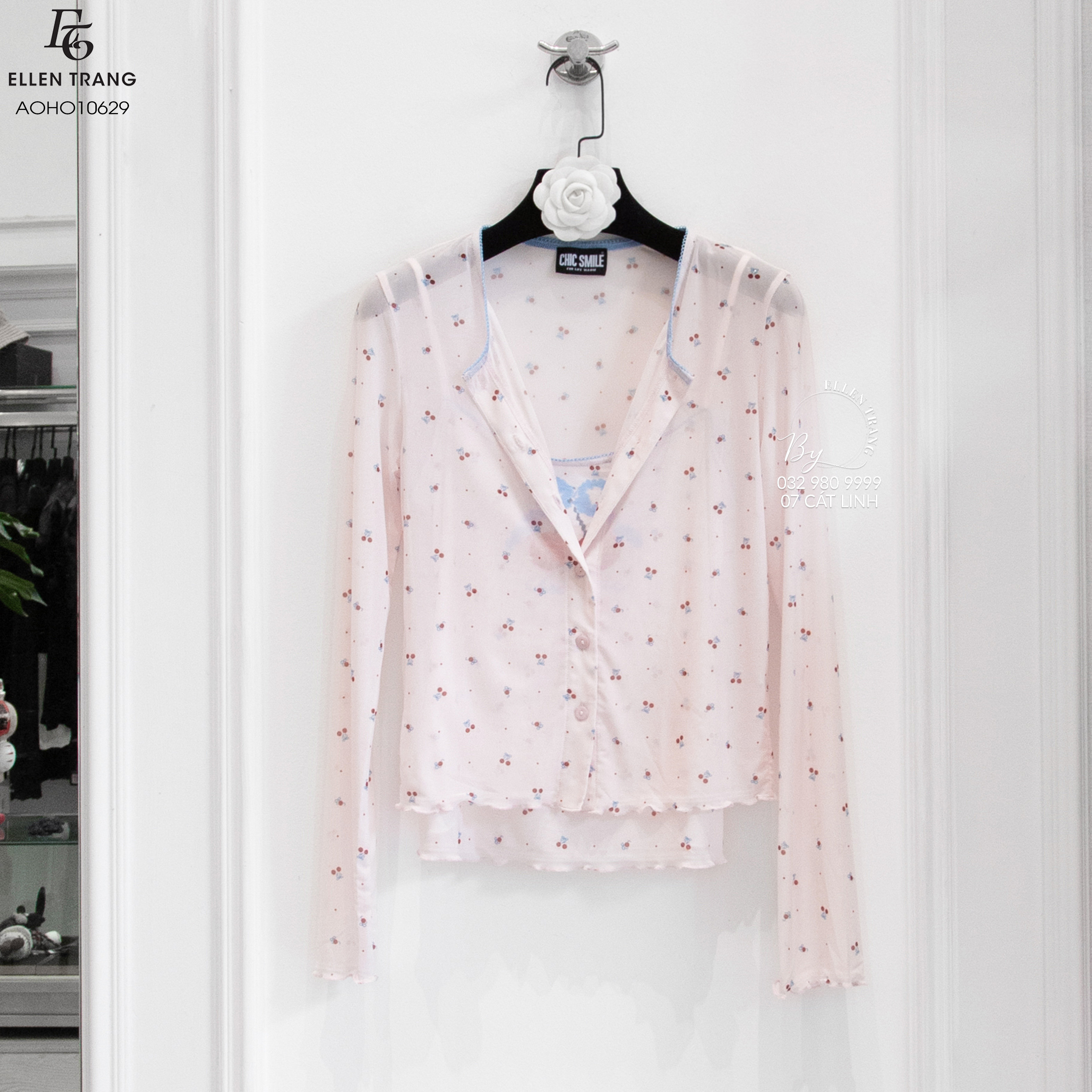 SET ÁO 2 MÓN HỒNG VIỀN XANH HOẠ TIẾT CHERRY CHIC SMILE