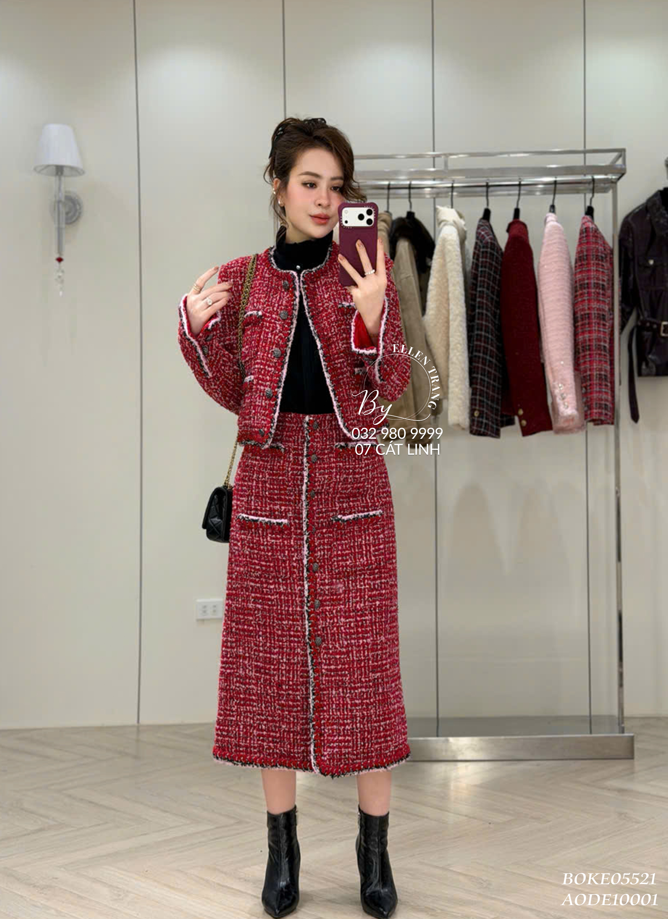 SET DẠ ĐỎ KẺ VIỀN ĐEN CÚC XÁM