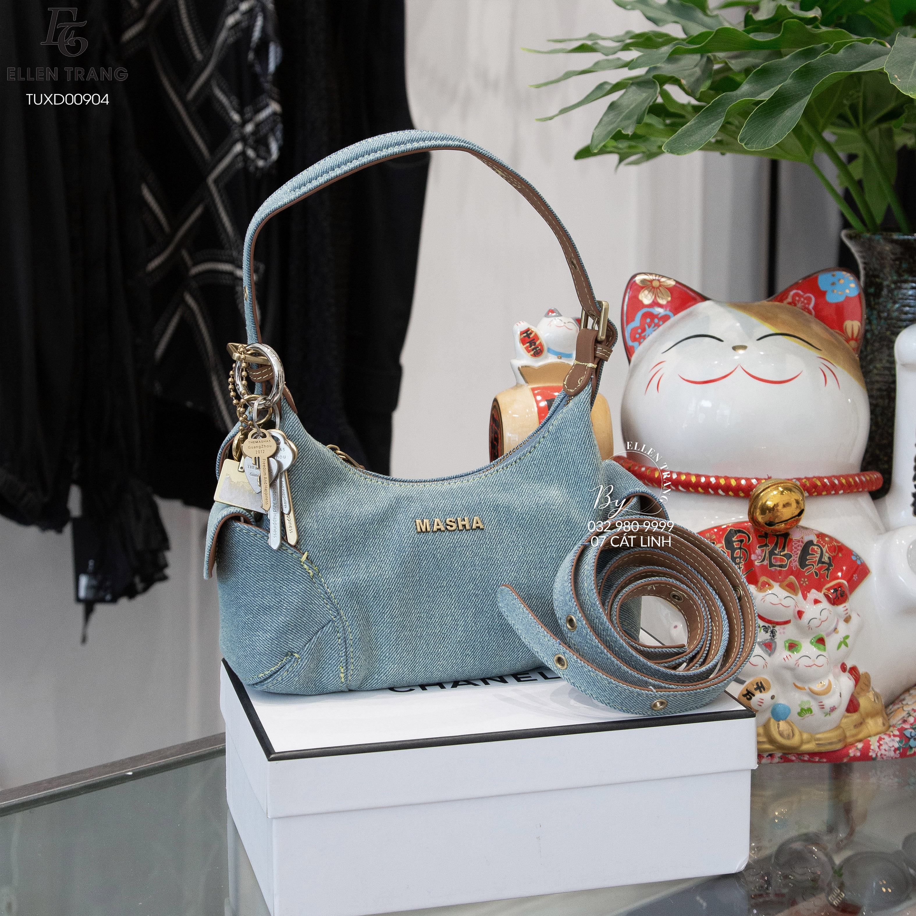 TÚI BÒ XANH DƯƠNG CHỮ MASHA 22*13*9CM