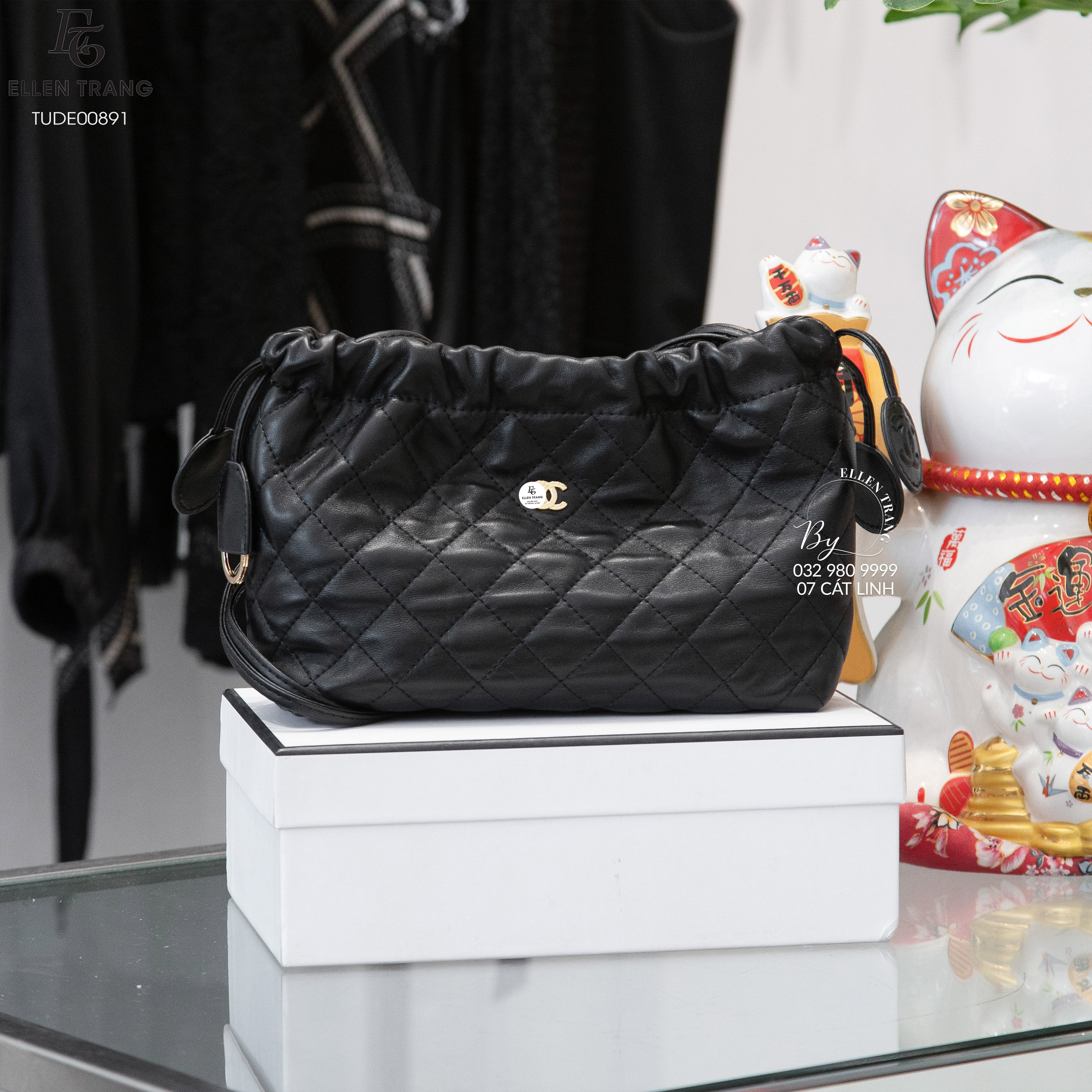 TÚI ĐEN MIỆNG DÂY RÚT CHANEL 22*16*8CM