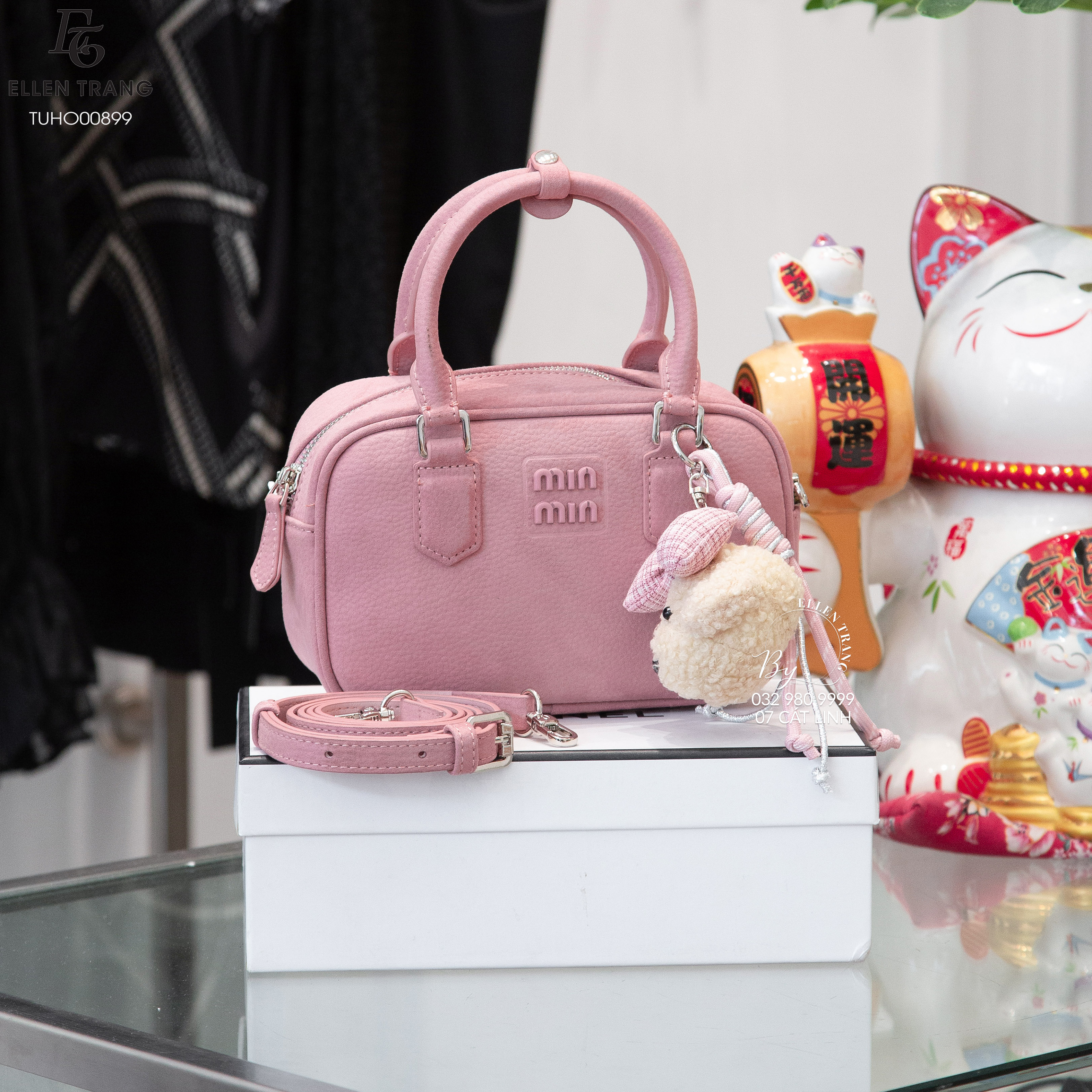 TÚI HỒNG DA LÌ MIUMIU MÓC KHOÁ GẤU 21*13*7CM