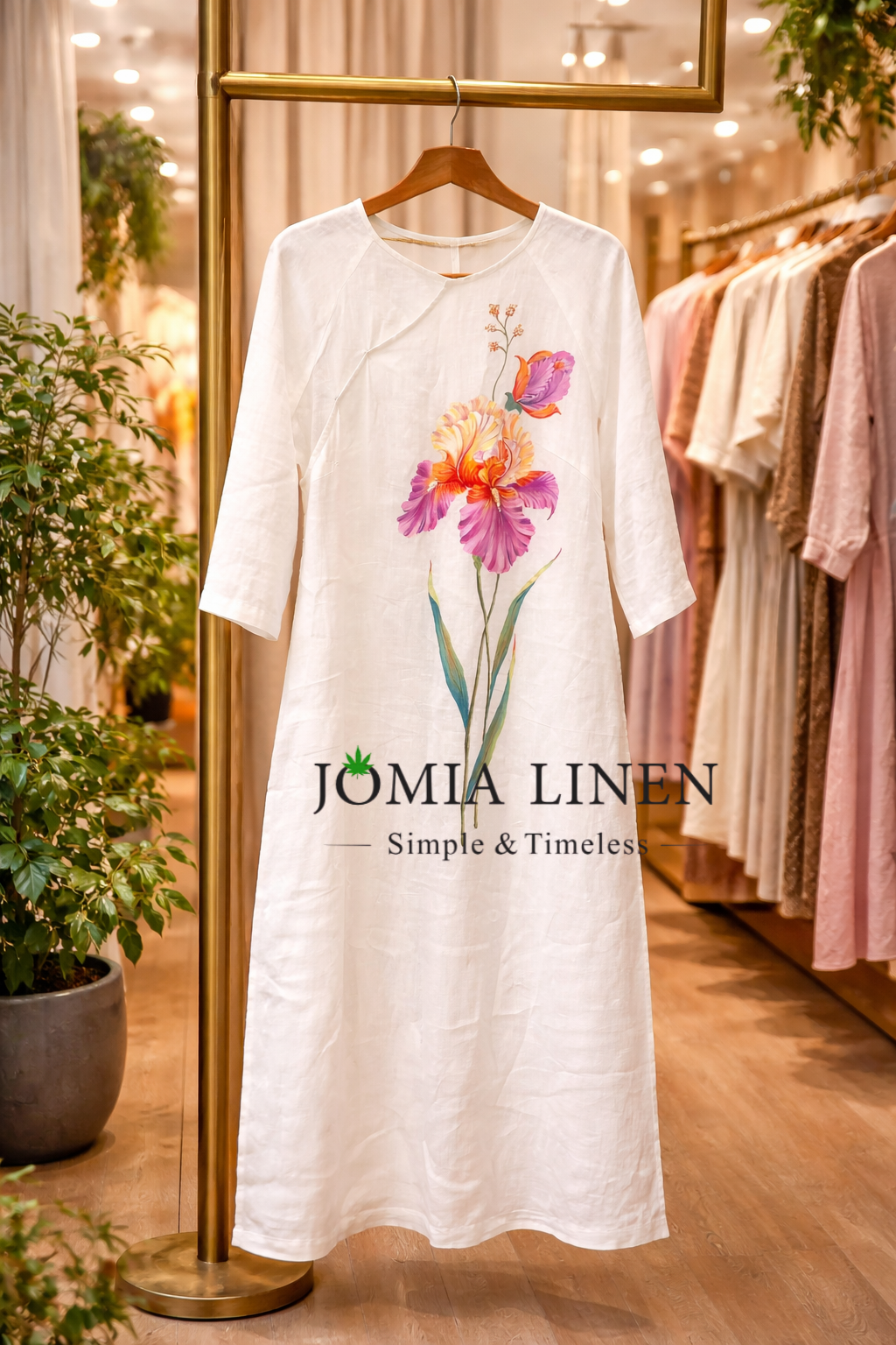 Áo Dài Cách Tân Linen Tưng Premium Vẽ Tay Hoa Diên Vỹ - Iris Jomia