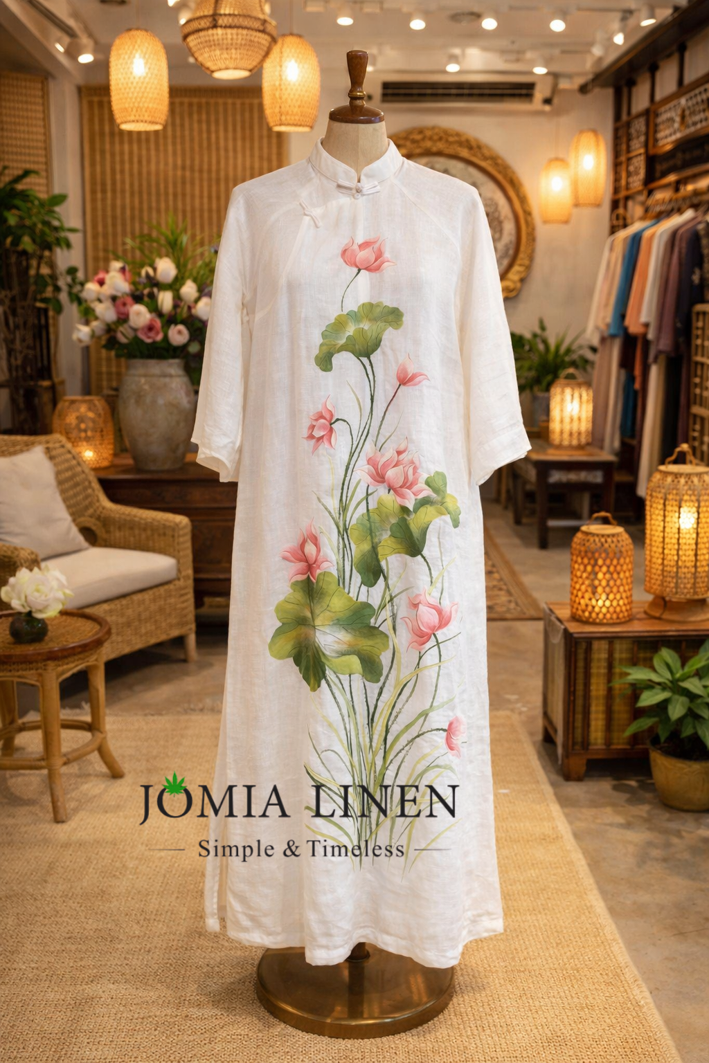 Áo Dài Linen Tưng Premium Vẽ Sen Thủ Công - Trắng Ngà Trong Ngọc