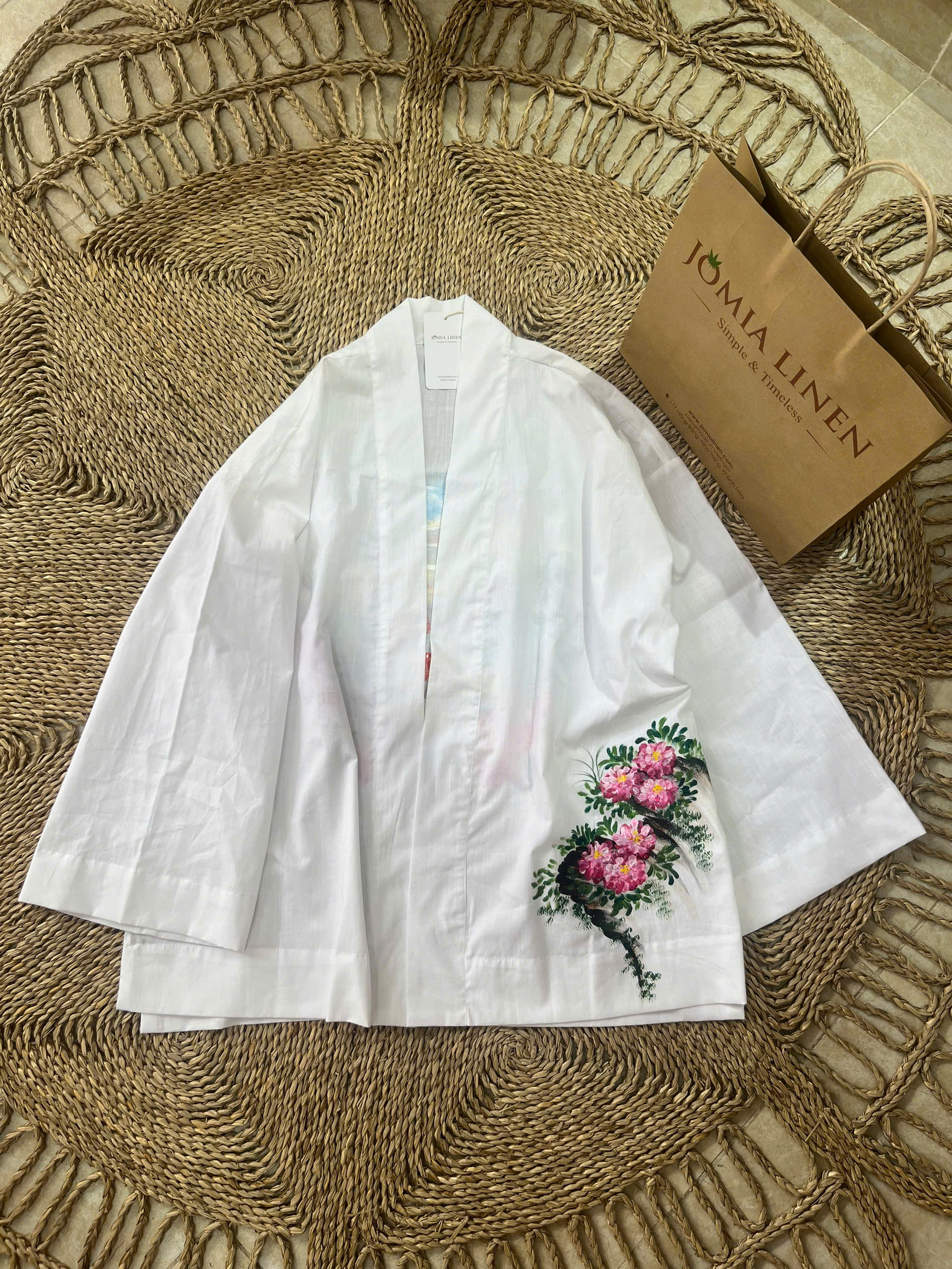 Áo Khoác Kimono Vẽ Tay Hồng Hạc & Hoa Hồng JOMIA LINEN