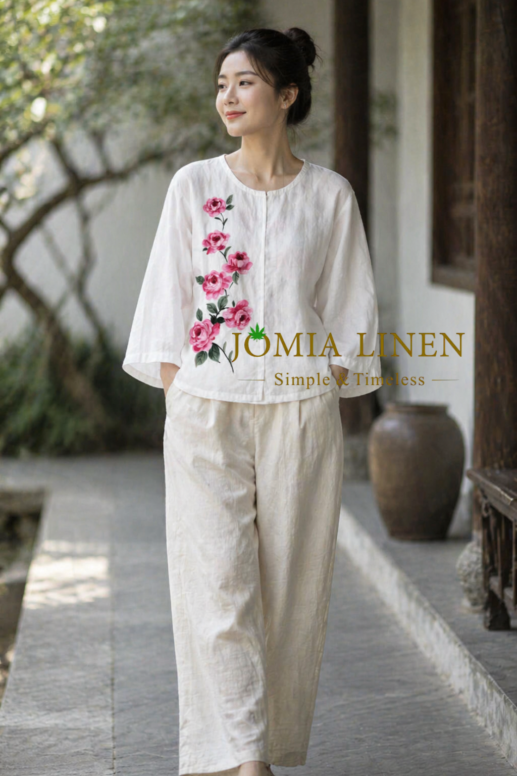Áo Linen Lửng Vẽ Hoa JOMIA – Hồng Nhẹ Tay Lỡ