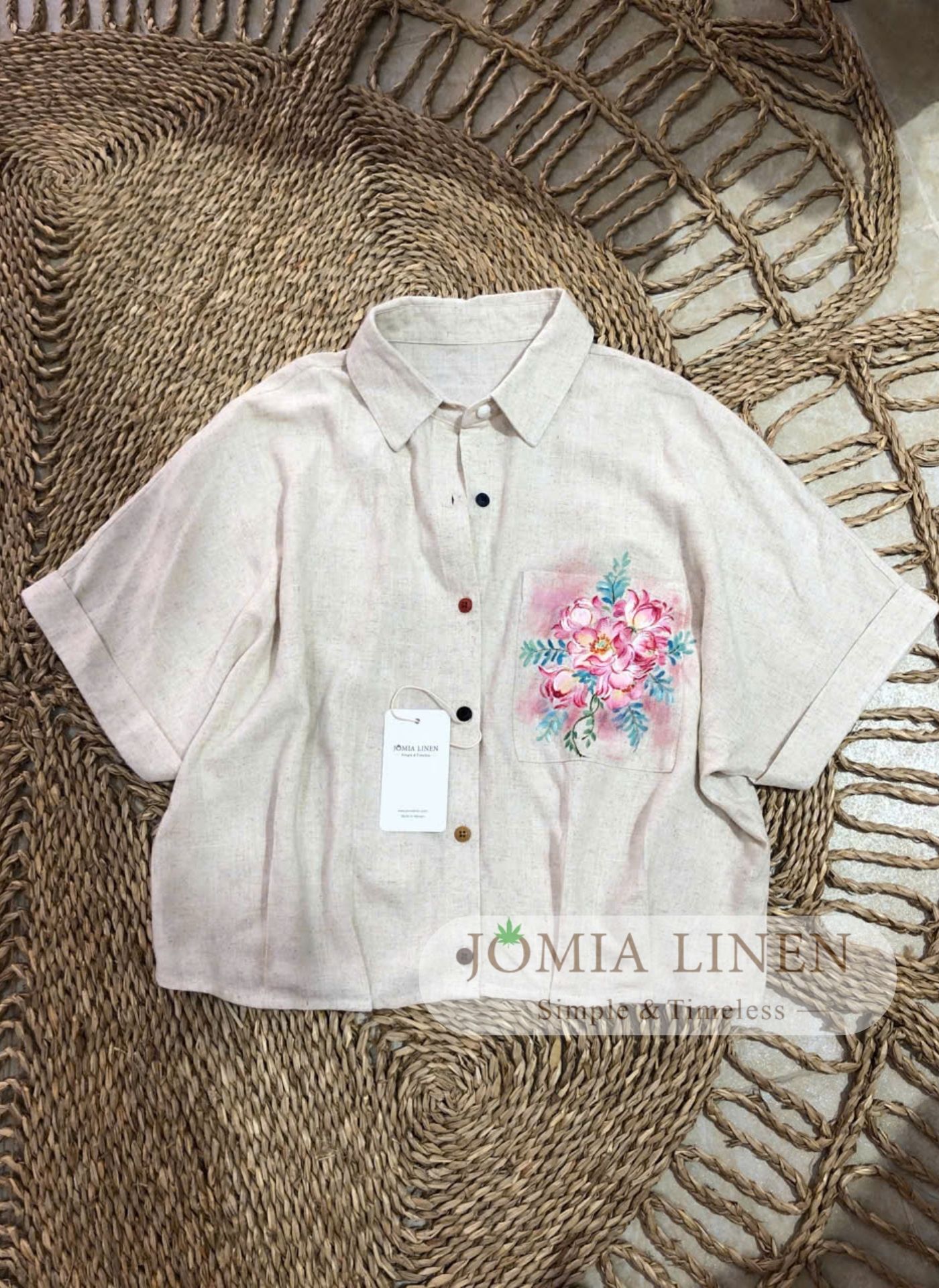 Áo Linen Muối Tiêu Vẽ Tay Hoa Hồng Pocket