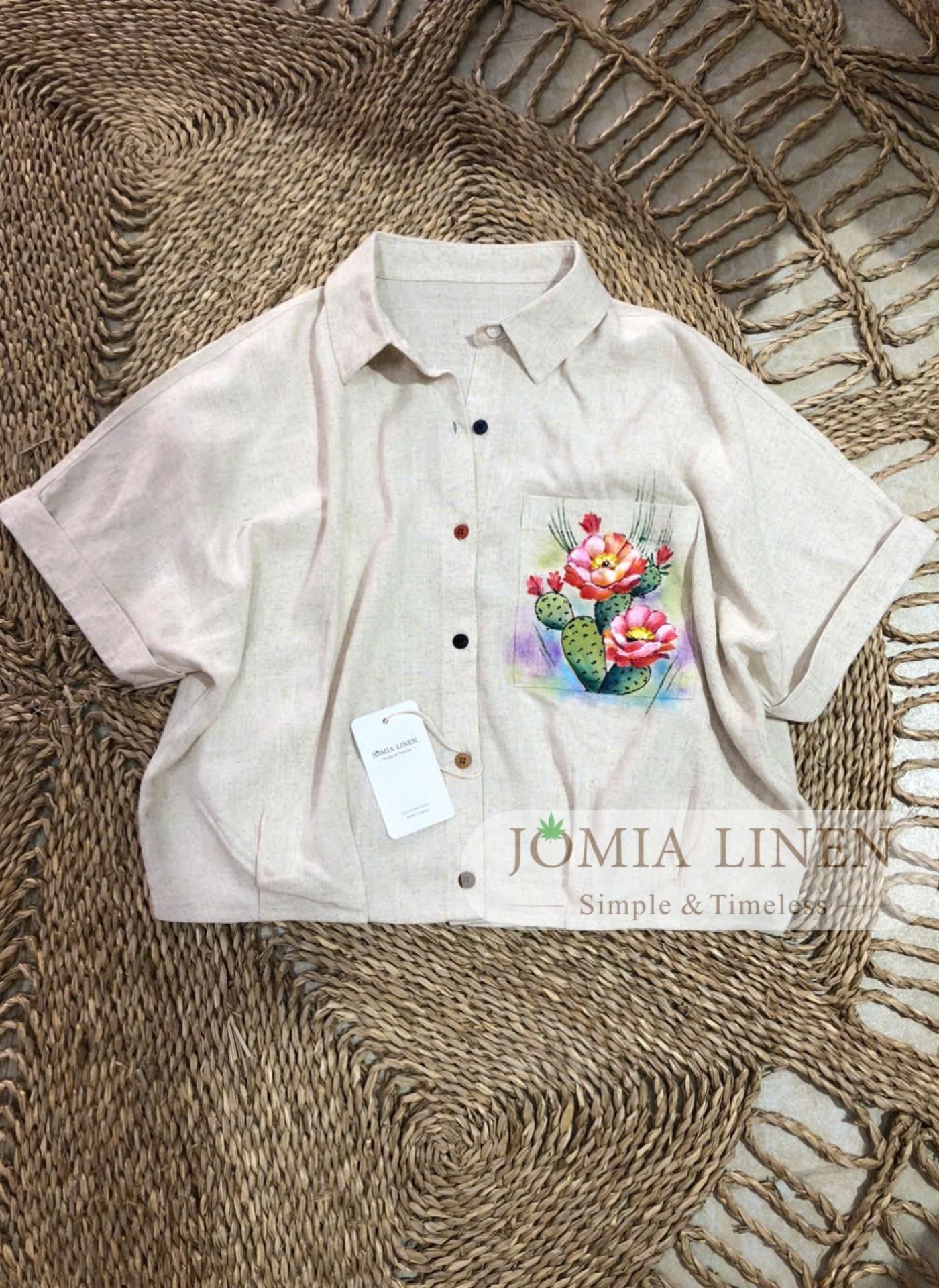 Áo Linen Muối Tiêu Vẽ Tay Xương Rồng Pocket
