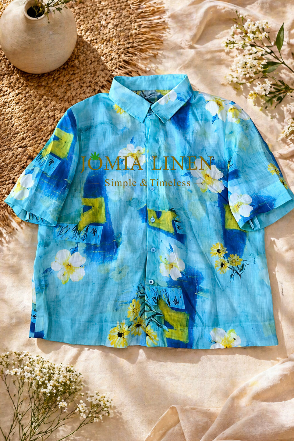 Áo Linen Tơ Nữ Oversize JOMIA – Sắc Hoa Mùa Hạ Xanh Tay Ngắn