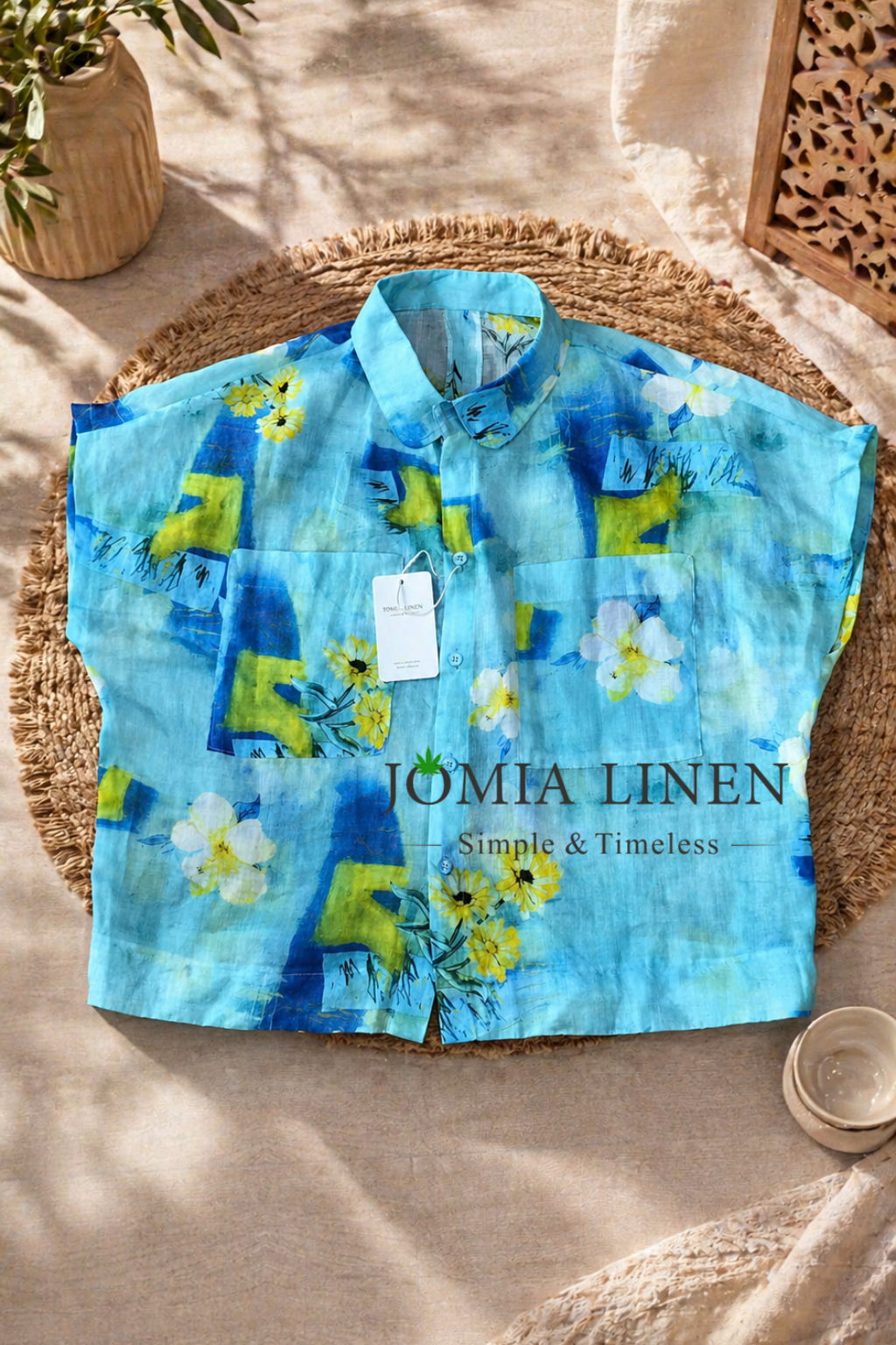 Áo Linen Tơ Nữ Oversize JOMIA – Sắc Hoa Mùa Hạ xanh