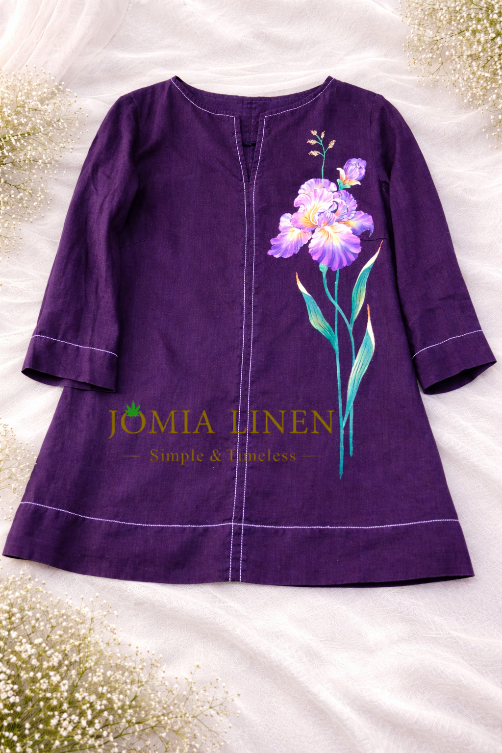 Áo Linen Tưng Premium Vẽ Tay Hoa Diên Vỹ Tím - Deep Purple Iris