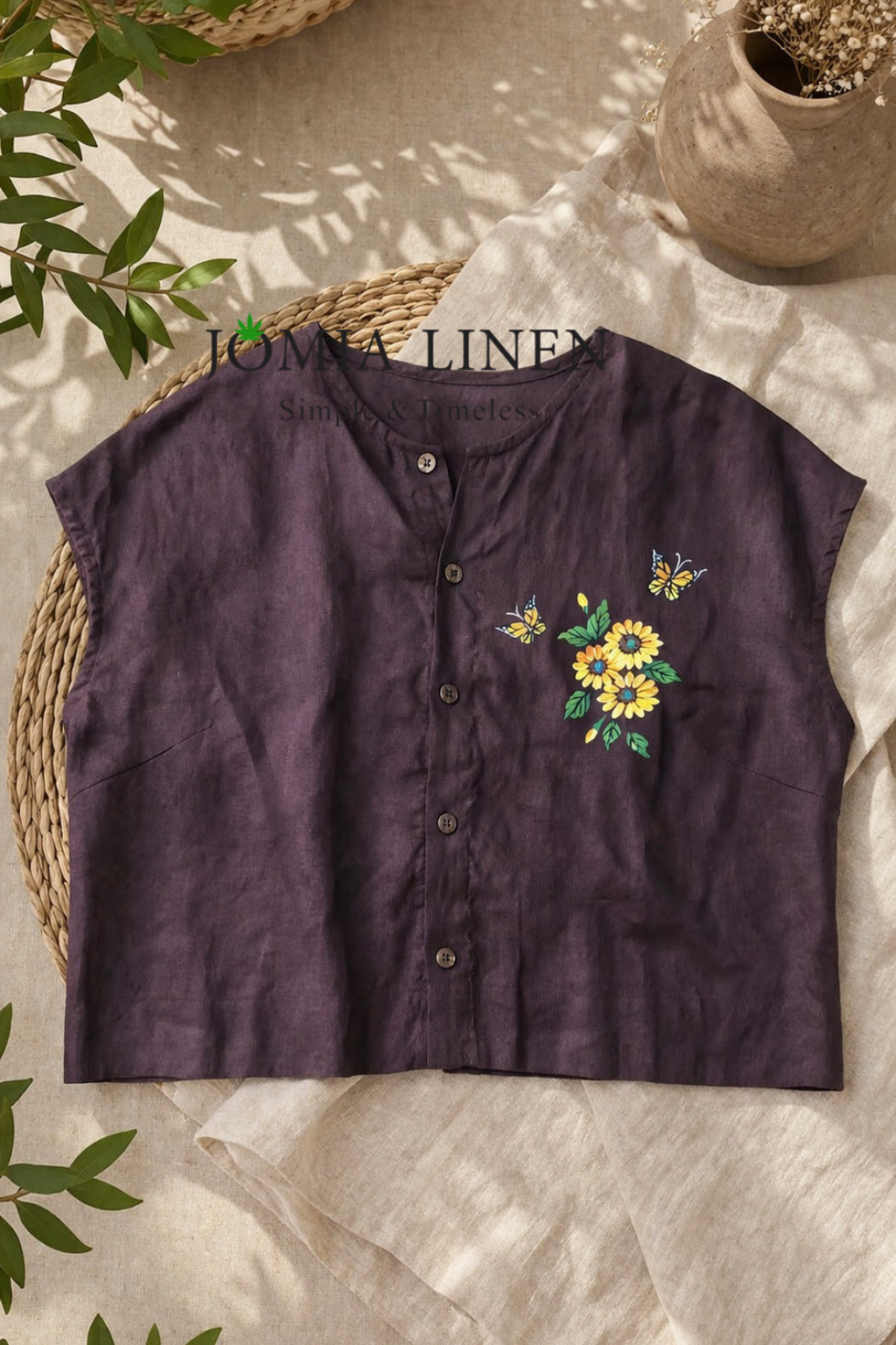 Áo Linen Tưng Premium Vẽ Tay Hoa Hướng Dương & Cánh Bướm - Jomia