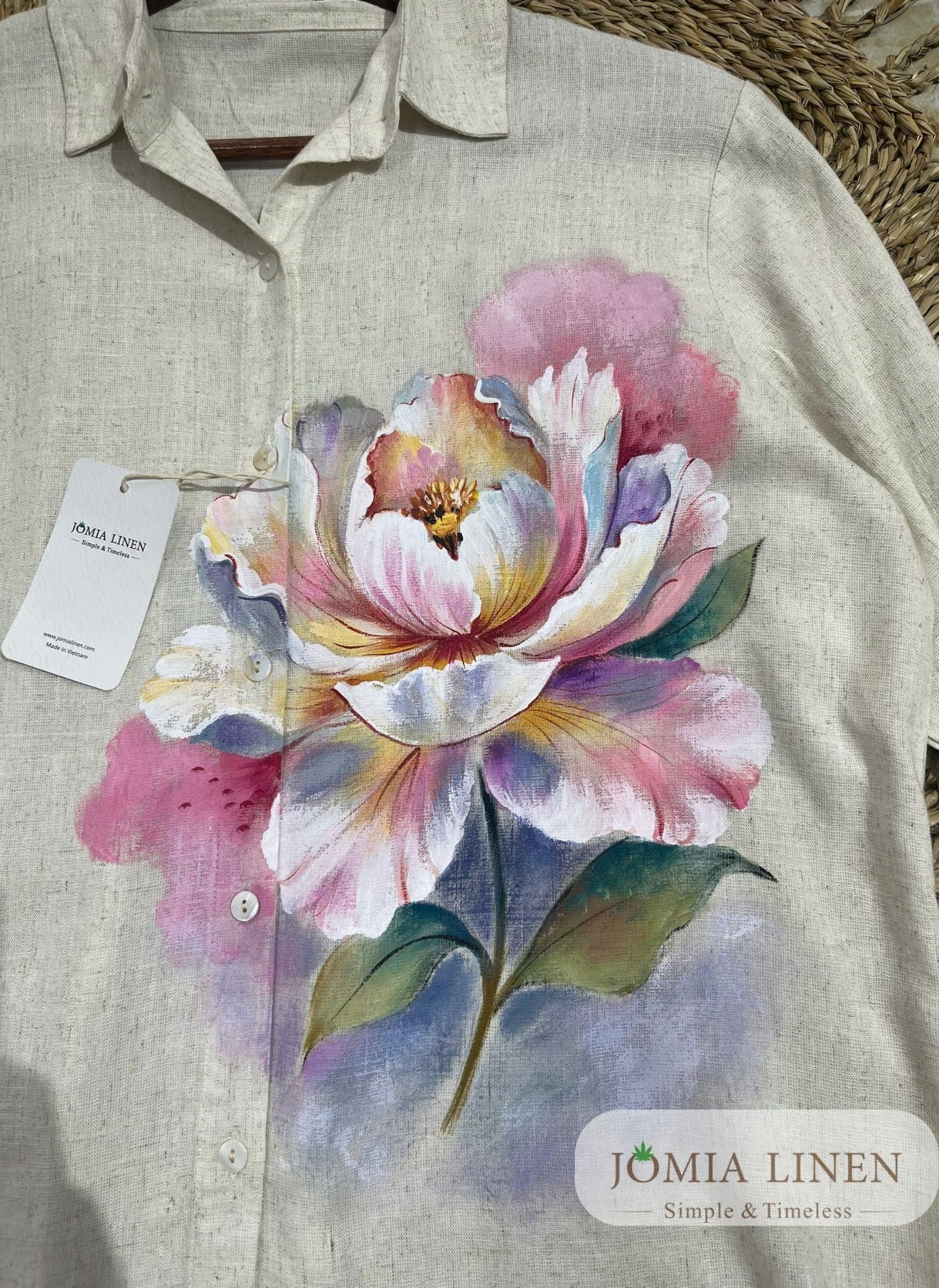 Áo Sơ Mi Linen Tưng Gân Muối Tiêu Vẽ Tay Hoa Mộng