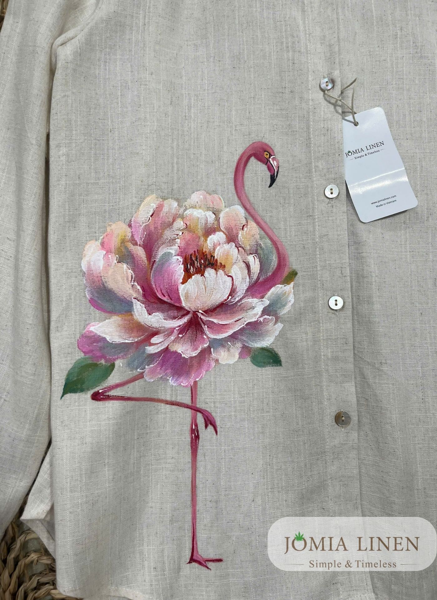 Áo Sơ Mi Linen Tưng Gân Muối Tiêu Vẽ Tay Hồng Hạc Hoa