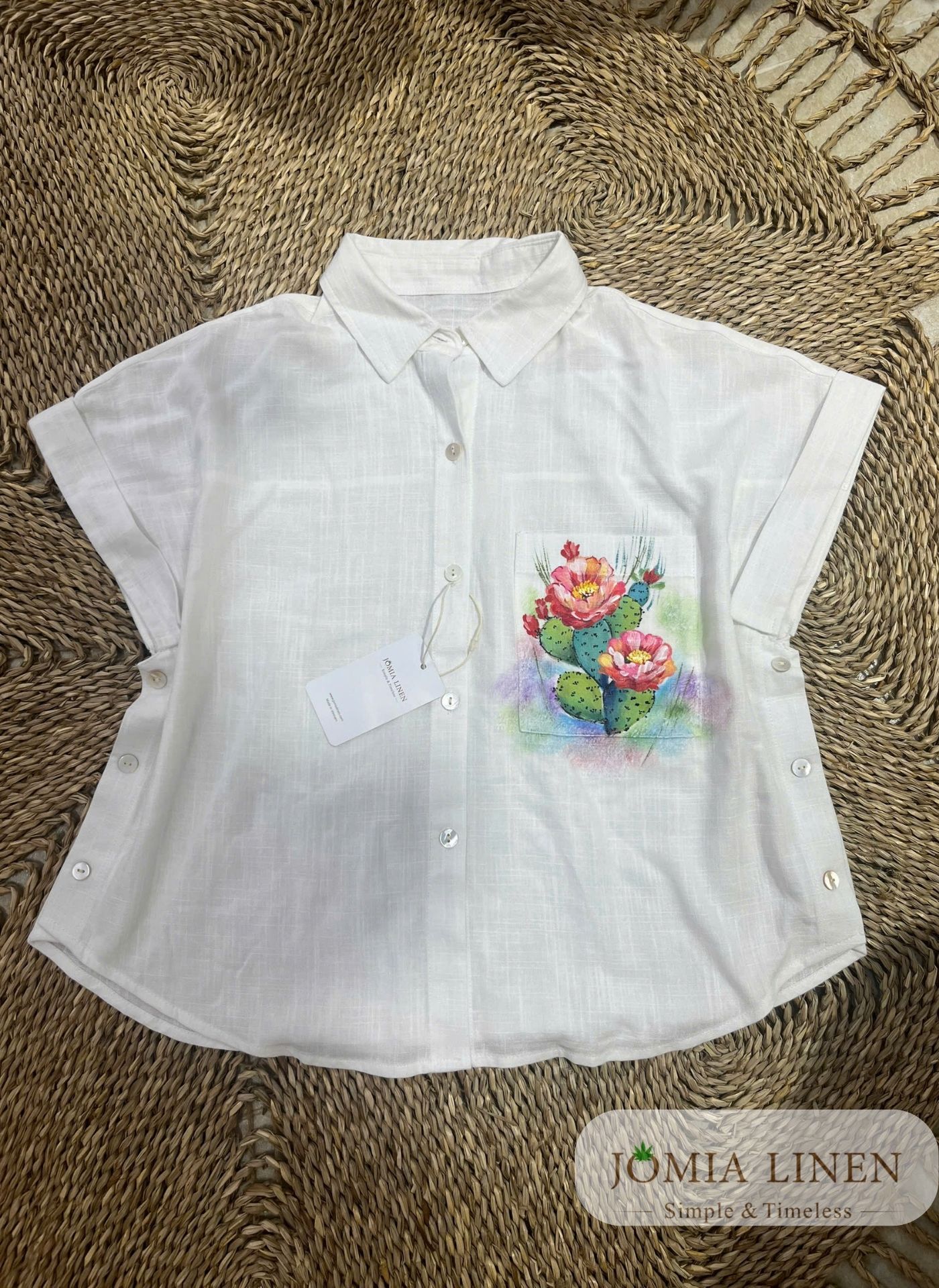 Áo Sơ Mi Linen Tưng Premium Trắng Họa Tiết Hoa Xương Rồng