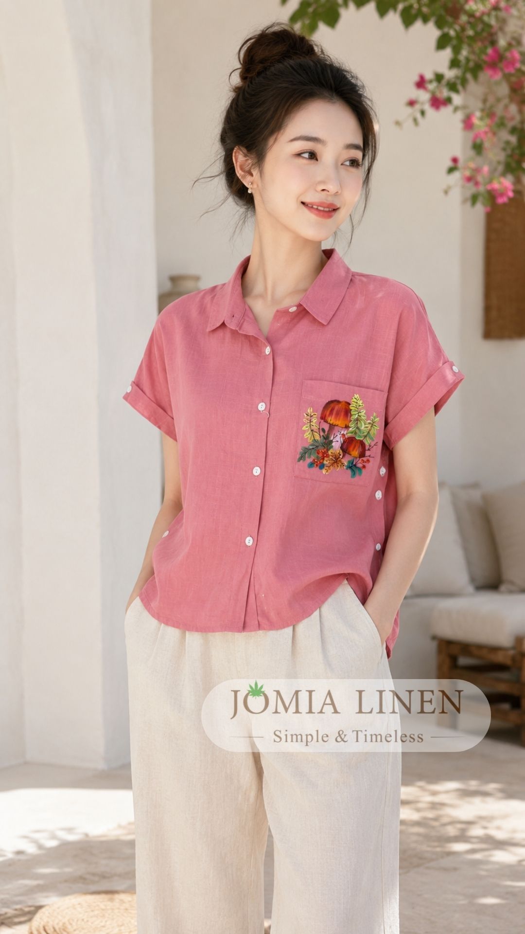 Áo Sơ Mi Linen Tưng Premium Vẽ Tay Nấm Rừng Màu Hồng Dâu