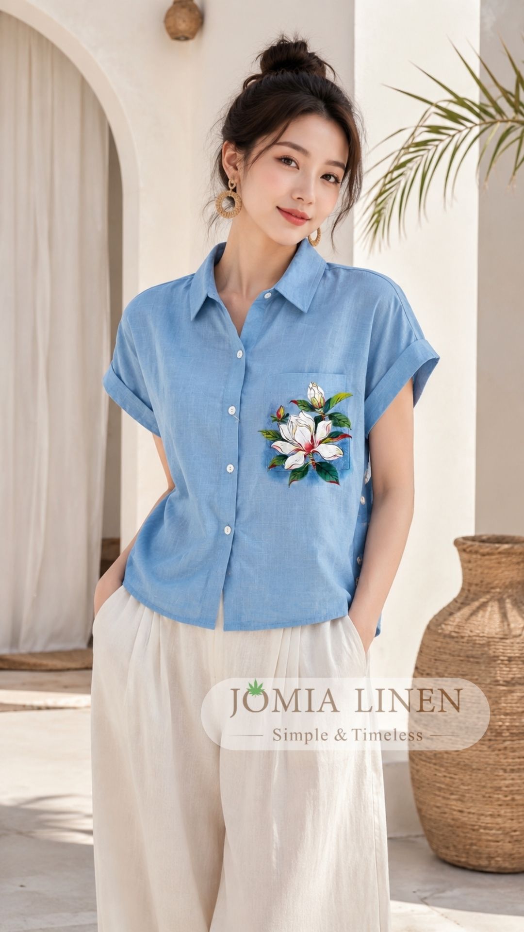 Áo Sơ Mi Linen Tưng Premium Xanh Thiên Thanh Vẽ Tay Hoa Mộc Lan