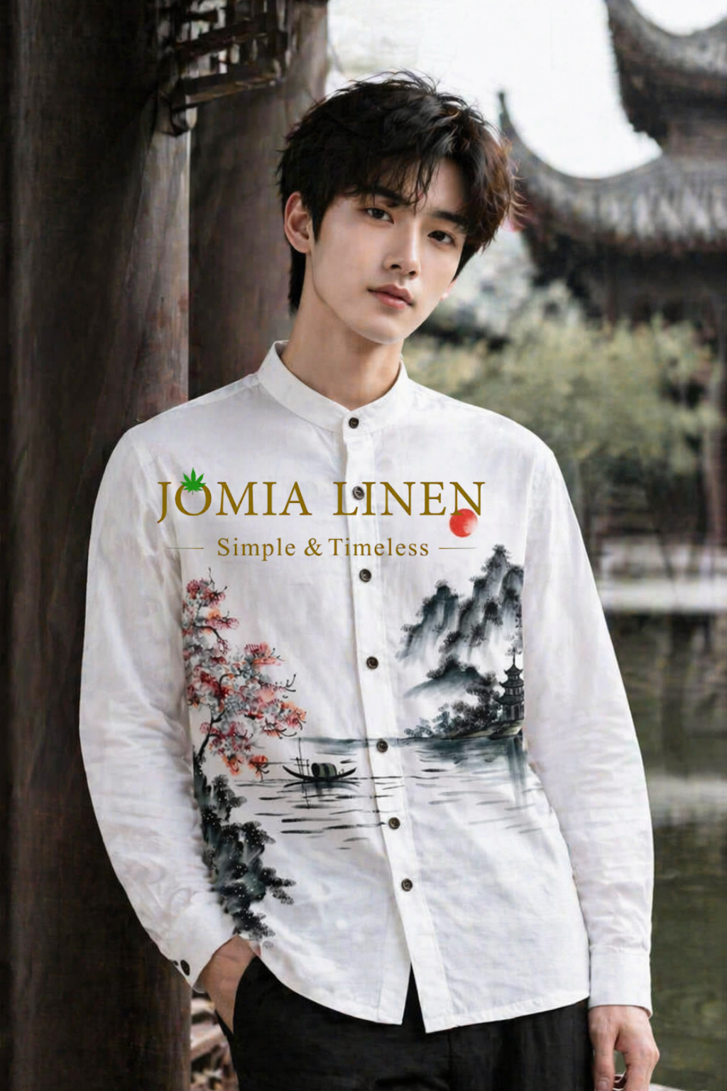 Full Size Áo Sơ Mi Nam Cổ Tàu Linen Bột Premium Vẽ Thủy Mặc - Sơn Thủy Hữu Tình.