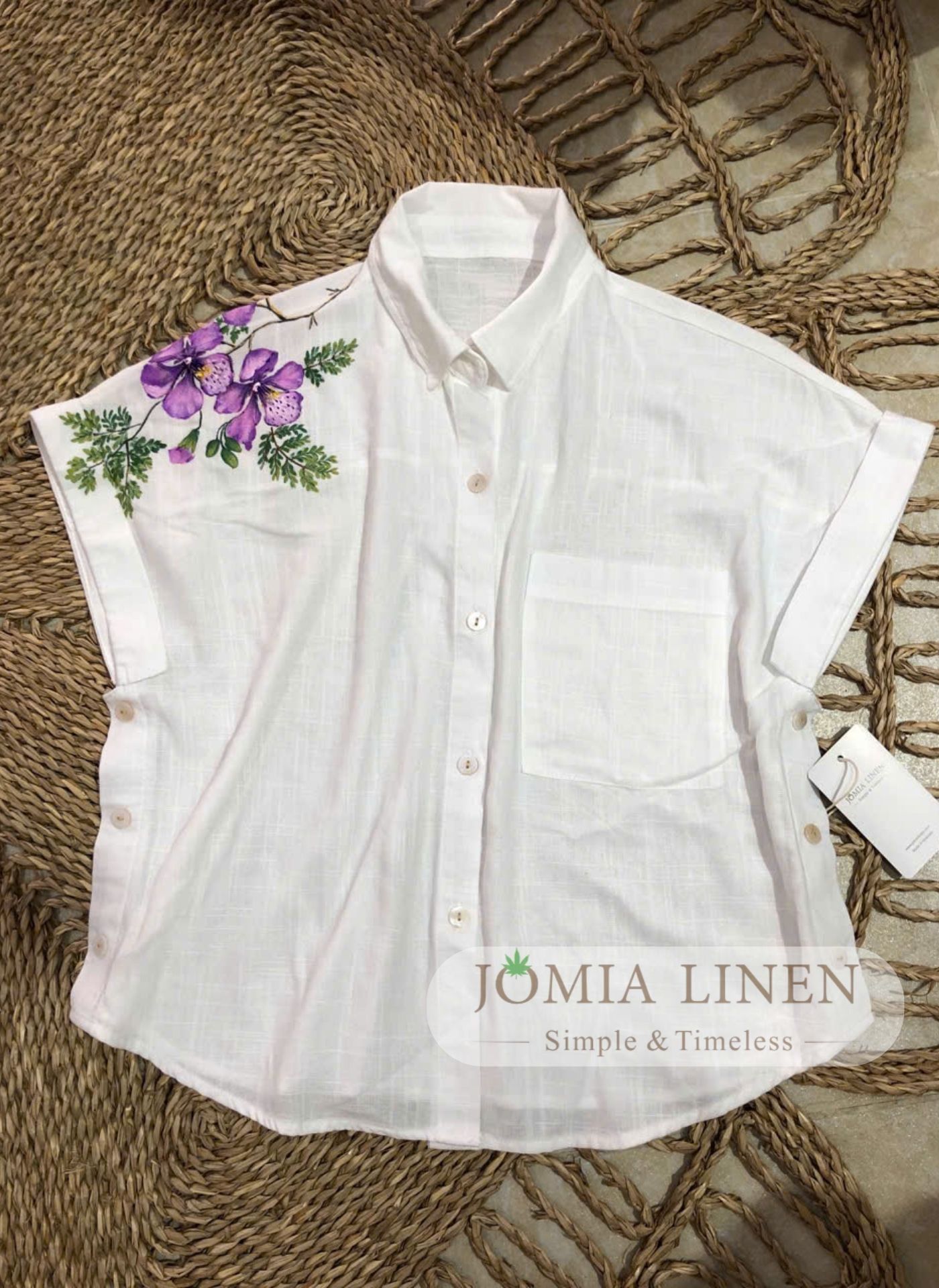 Áo Sơmi Linen Ivory Vẽ Tay Hoa Tím Vai