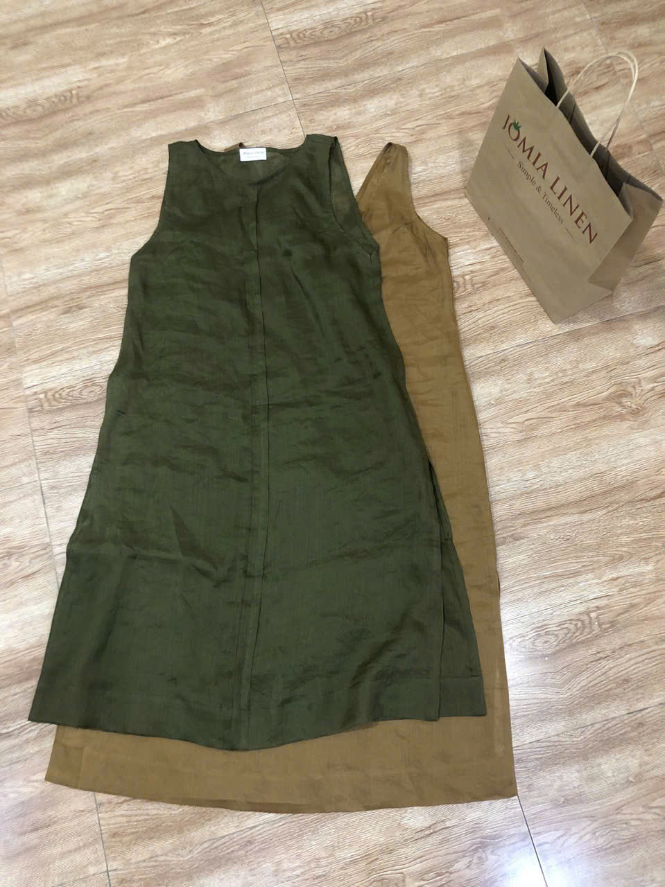 Đầm 2 Lớp Linen Tơ Cao Cấp – Olive & Earthy Brown