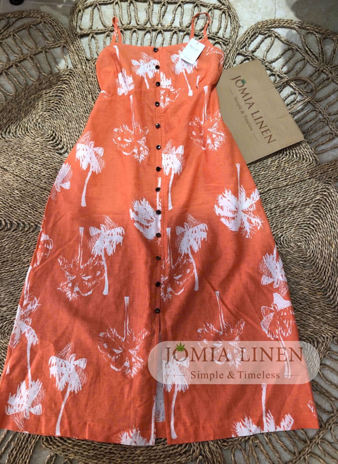 Đầm Hai Dây Linen Cam Coral Họa Tiết Dừa Trắng