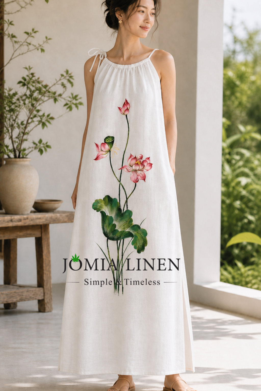 Đầm Linen Bột Premium Vẽ Sen Thanh Nhã