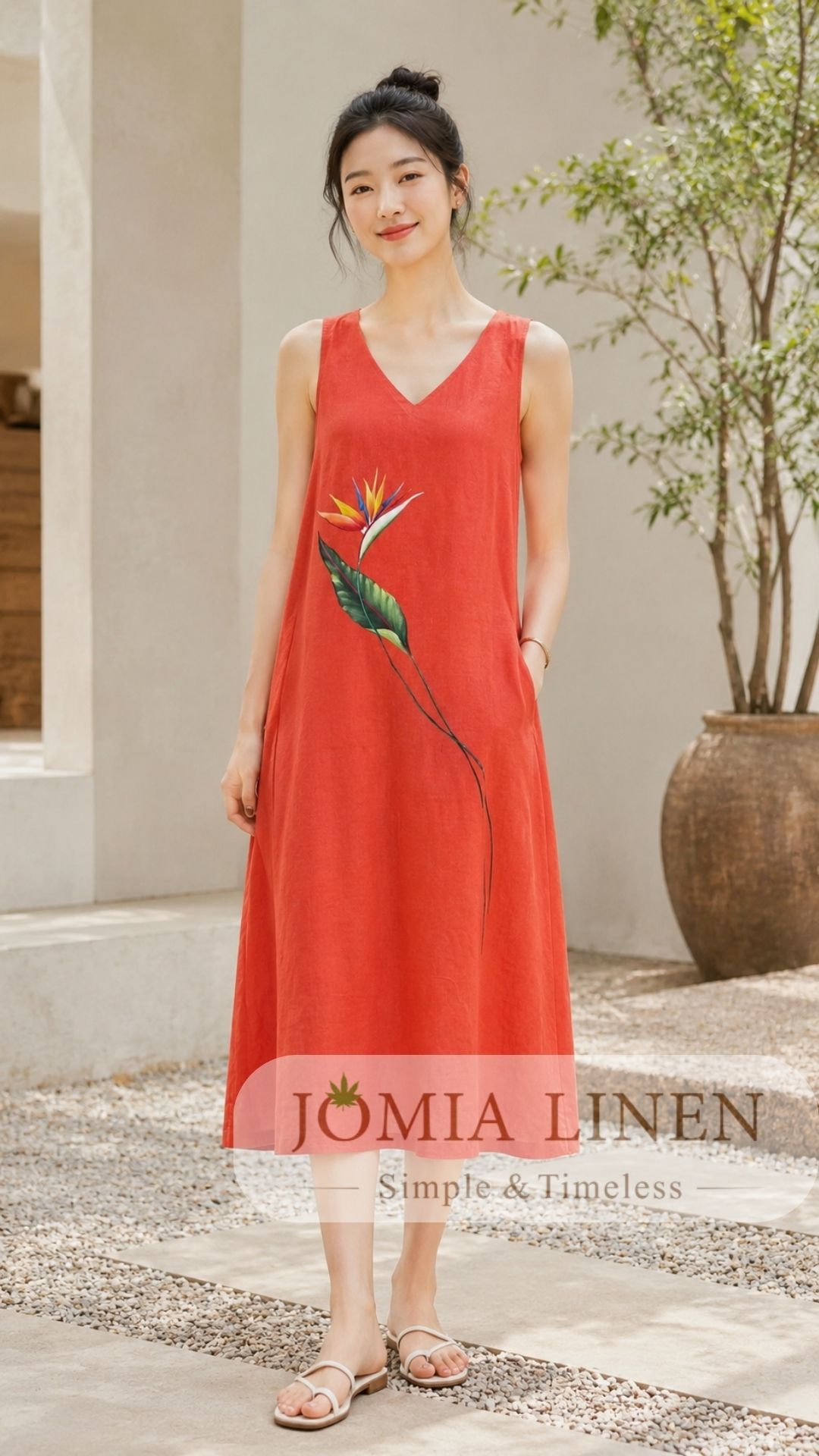 Đầm Linen Cam Đất Vẽ Tay Hoa Thiên Điểu