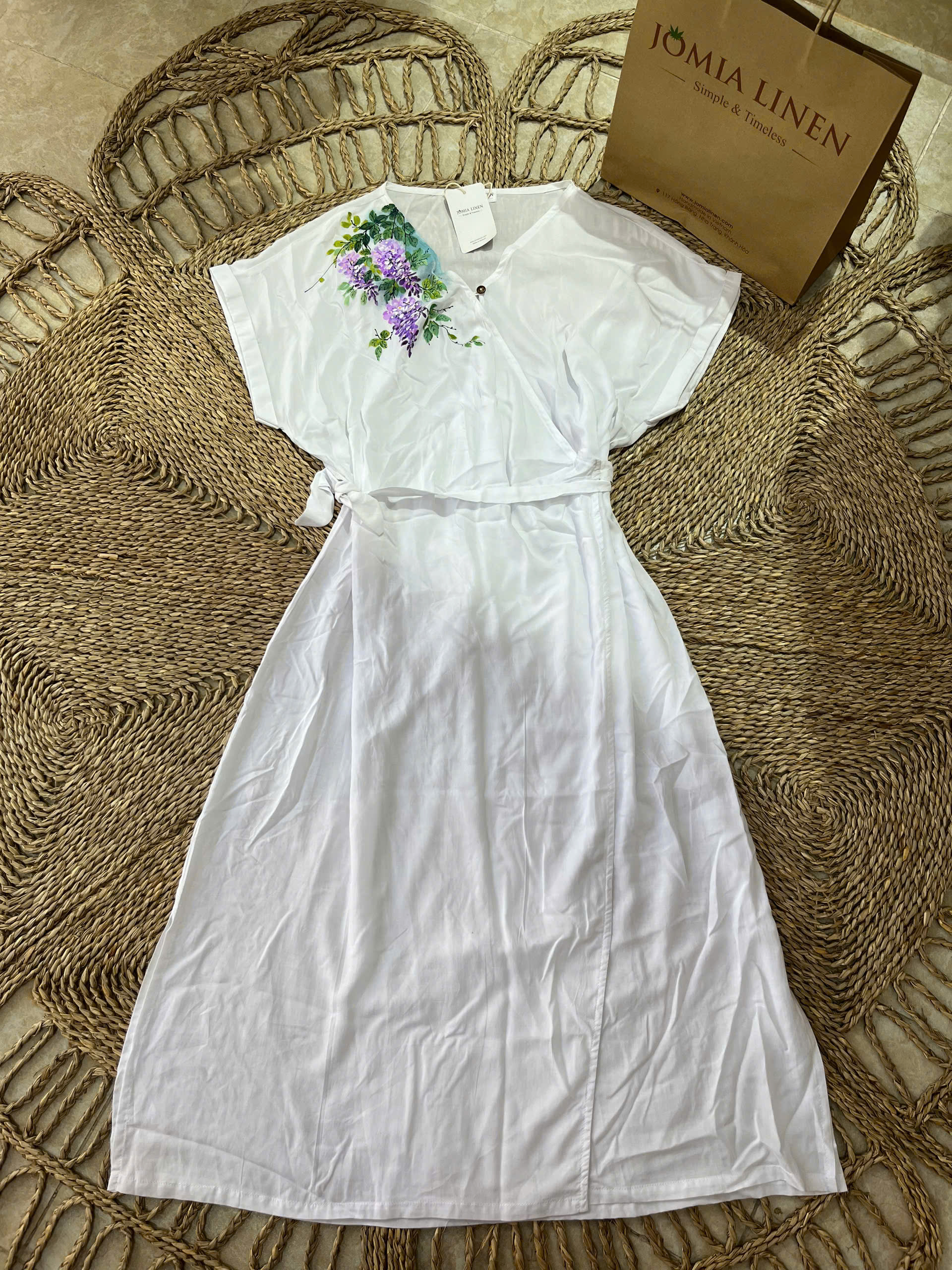 Đầm Linen Cổ Chéo Thắt Nơ Vẽ Tay Hoa Đậu Biếc Tím