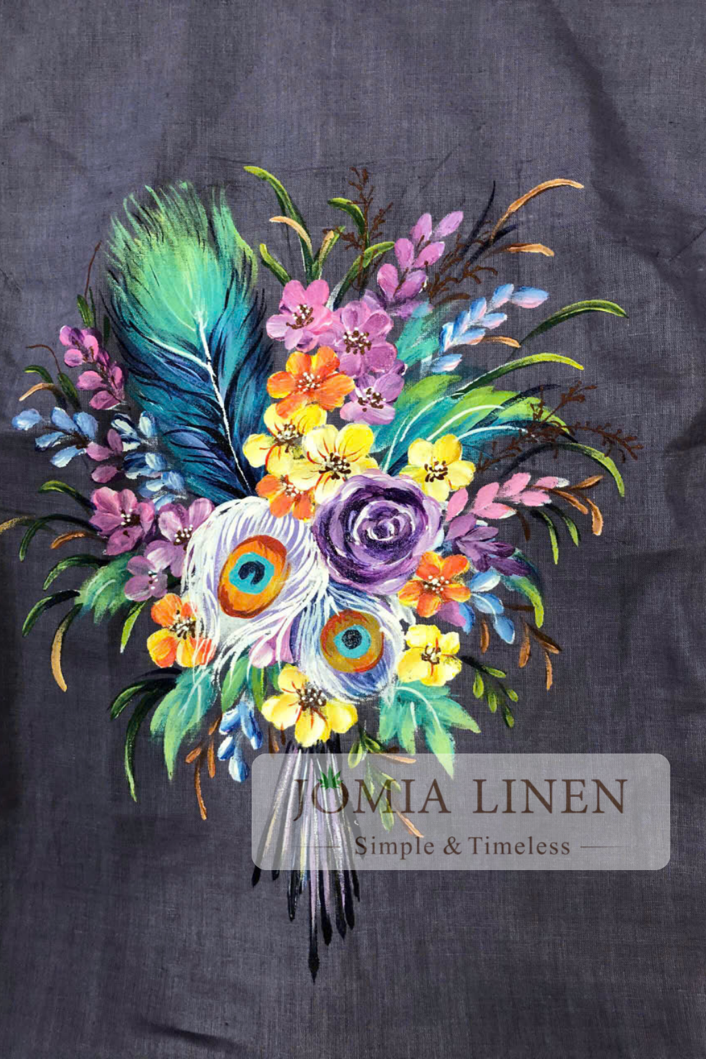Đầm Linen Premium Blue Purple Vẽ Bó Hoa Lông Công