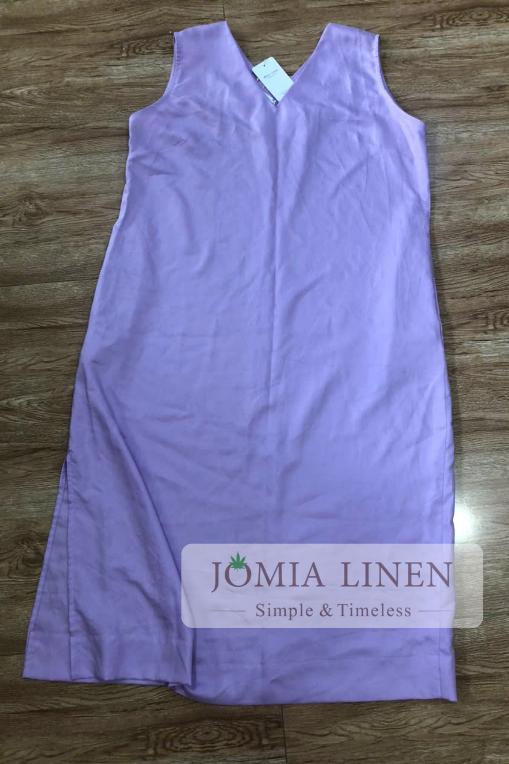 Đầm Linen Silk Tím Cà Cổ V Dáng Suông