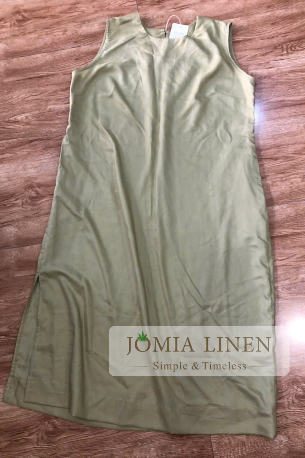 Đầm Linen Silk Xanh Olive Nhạt Dáng Suông Sát Nách