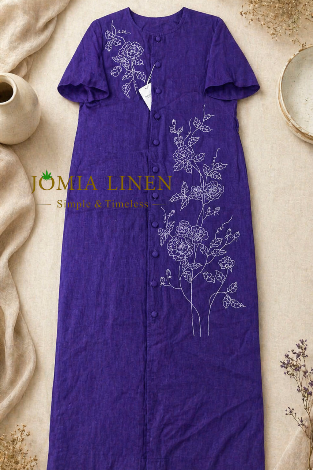 Đầm Linen Tưng Premium French Violet Thêu Mộc Hoa Hồng Dài