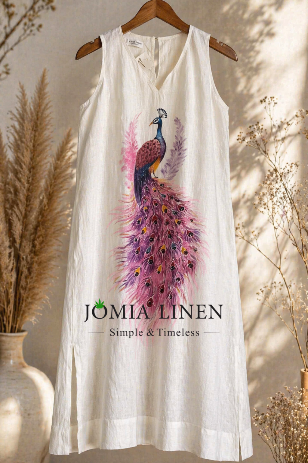 Đầm Linen Tưng Premium Vẽ Tay Chim Công Hồng Mộng - Jomia
