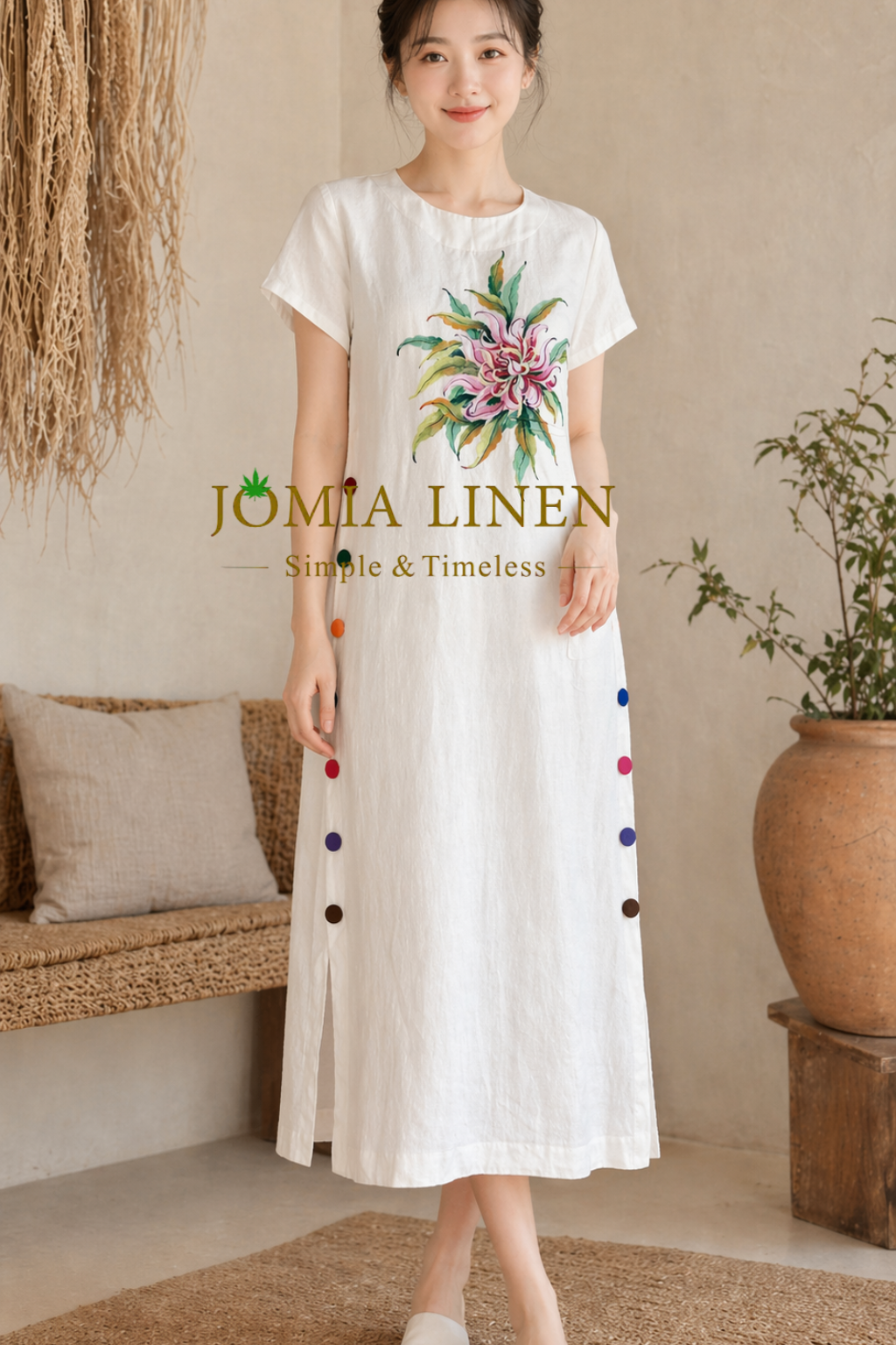 Đầm Linen Tưng Premium Vẽ Tay Hoa Quỳnh Nhấn Cúc Hai Bên