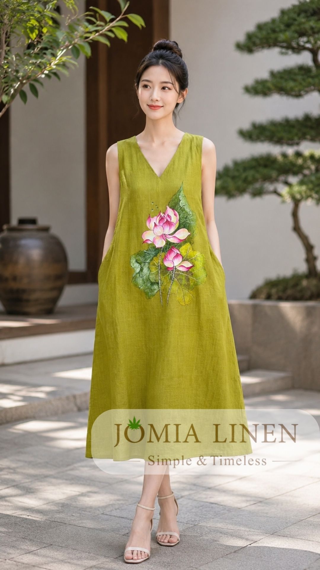 Đầm Linen Xanh Bơ Vẽ Tay Hoa Sen