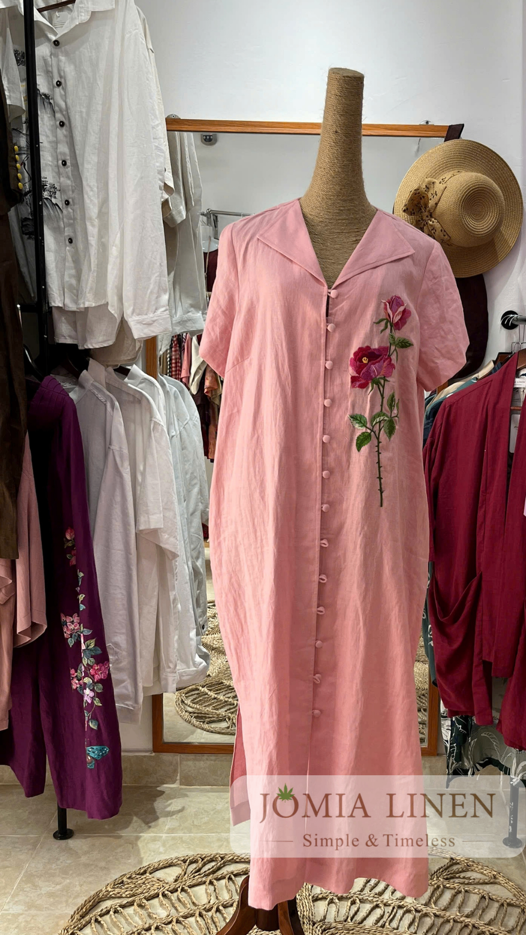 Đầm Sơ Mi Linen Premium Hồng Pastel Thêu Tay Cành Hồng
