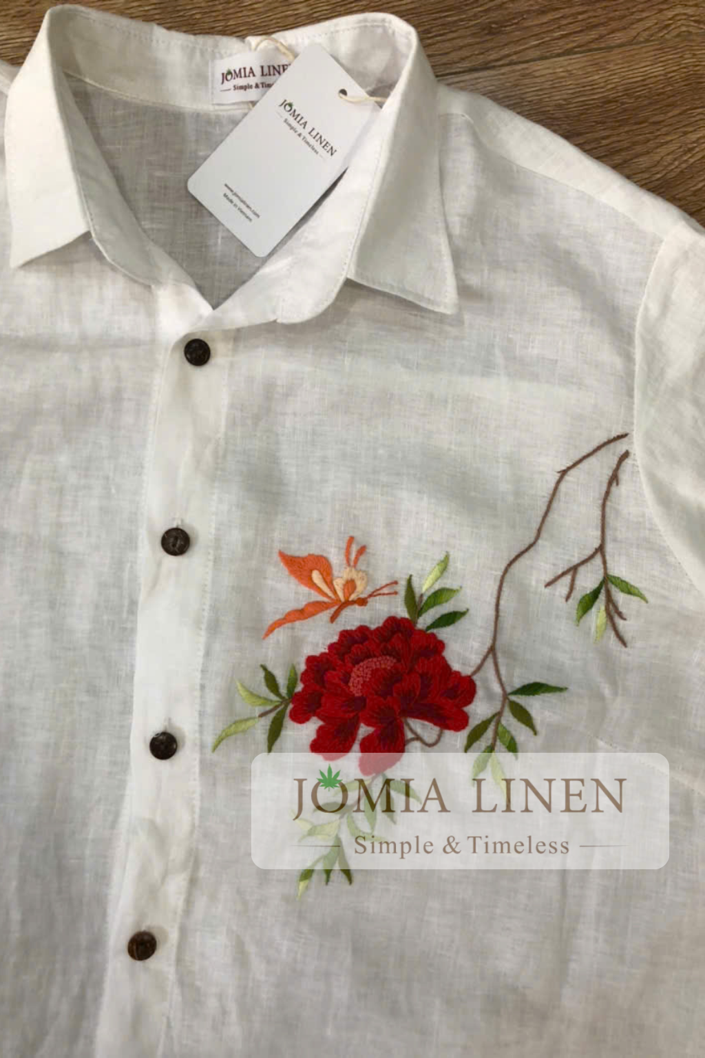 Đầm Sơ Mi Linen Premium Thêu Cành Hồng Tường Vi