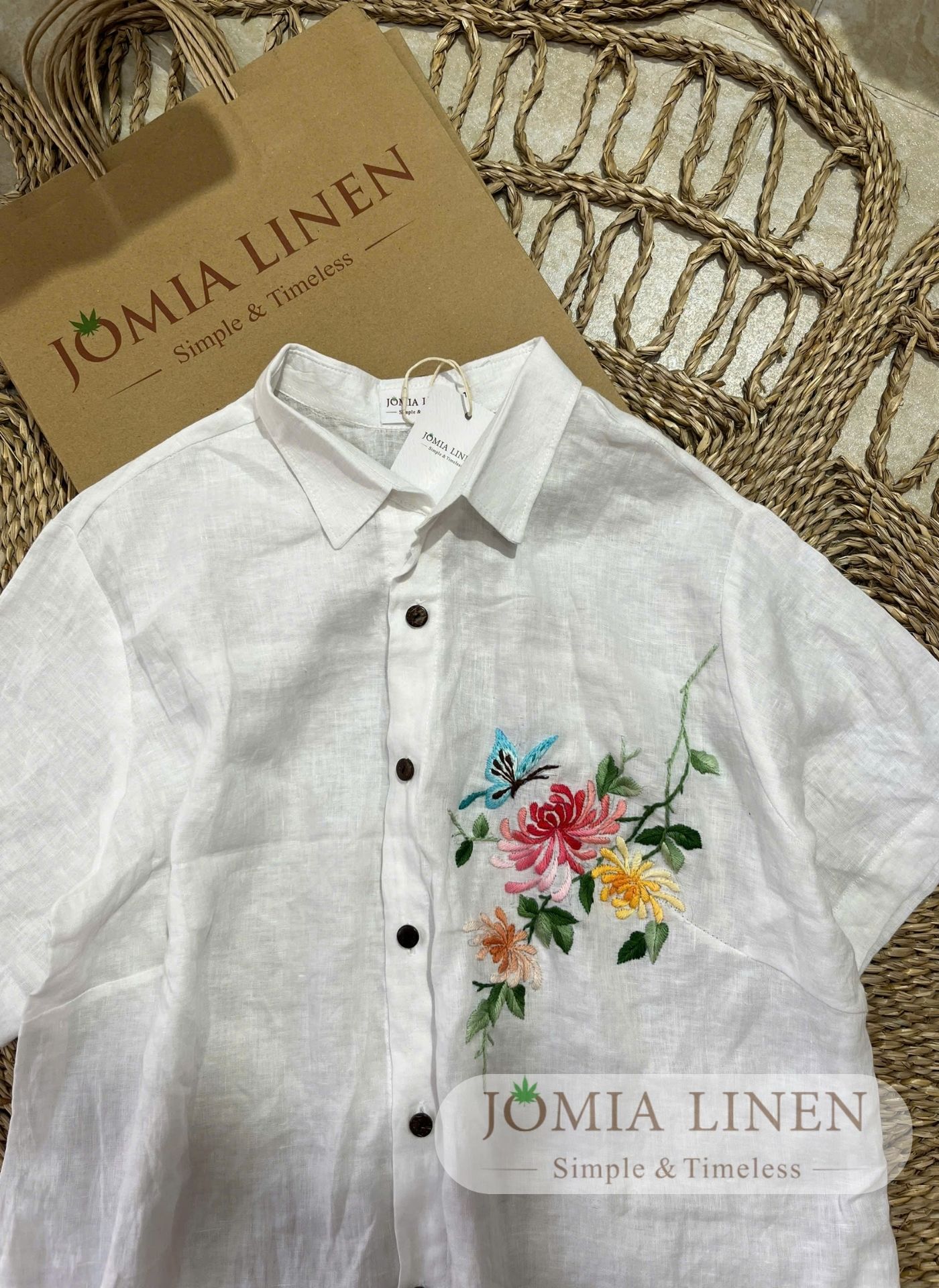 Đầm Sơ Mi Linen Trắng Premium Thêu Tay Hoa Bướm