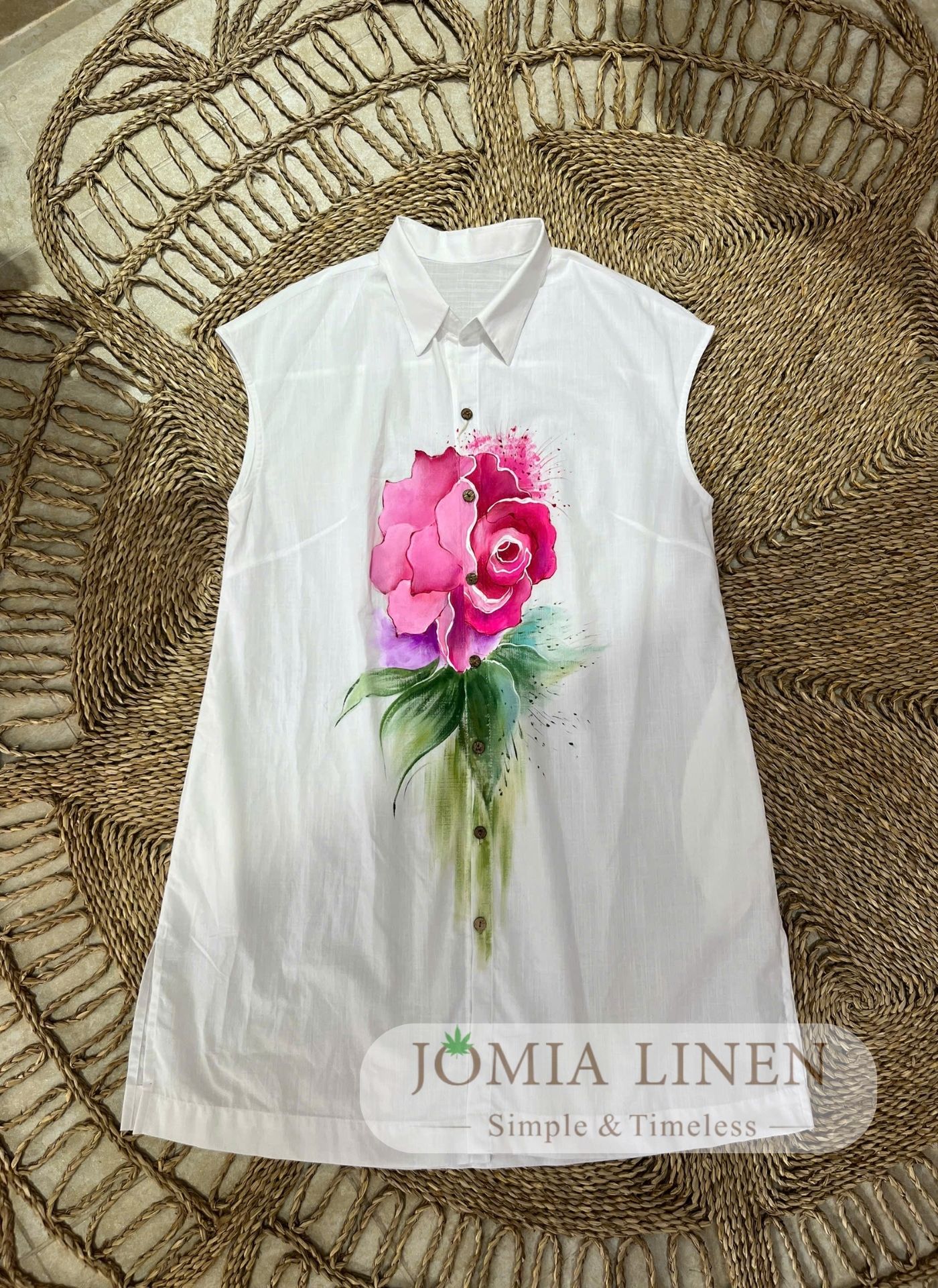 Đầm Sơ Mi Linen Tưng Premium Trắng Vẽ Tay Hoa Hồng
