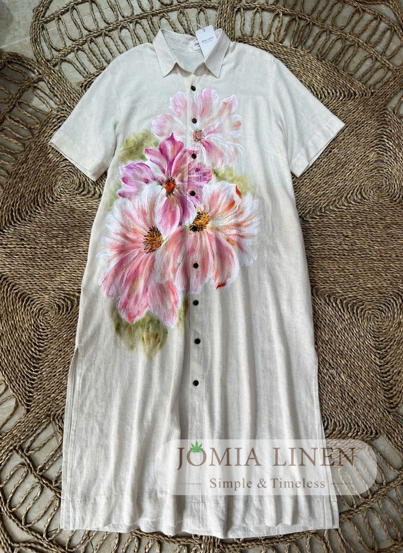 Đầm Sơmi Linen Tưng Premium Vẽ Tay Hoa Cánh Mềm Trắng Ngà