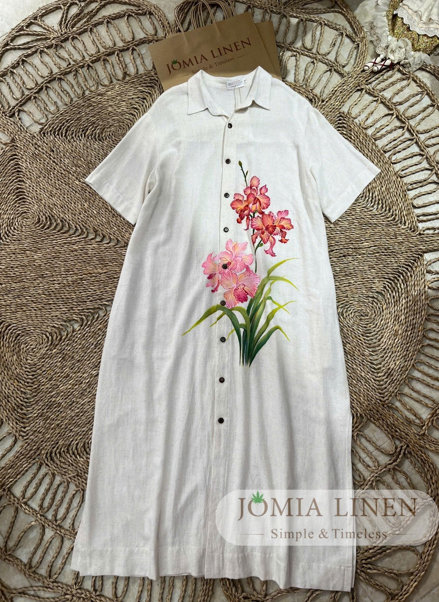 Đầm Sơmi Linen Tưng Premium Vẽ Tay Hoa Lan Trắng