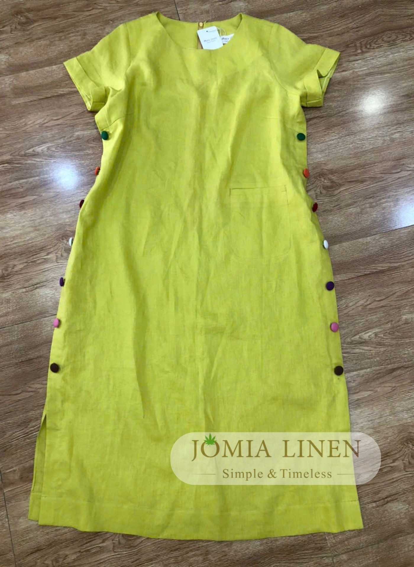 Đầm Suông Linen Tưng Premium Lime Yellow Phối Nút Màu