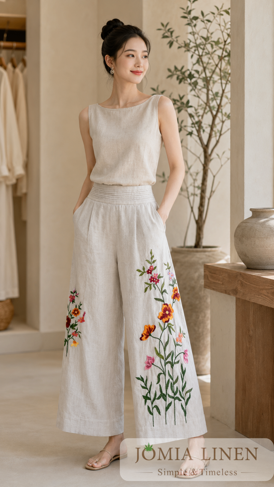Quần Ống Rộng Linen Premium Thêu Tay Cành Hoa Hai Bên